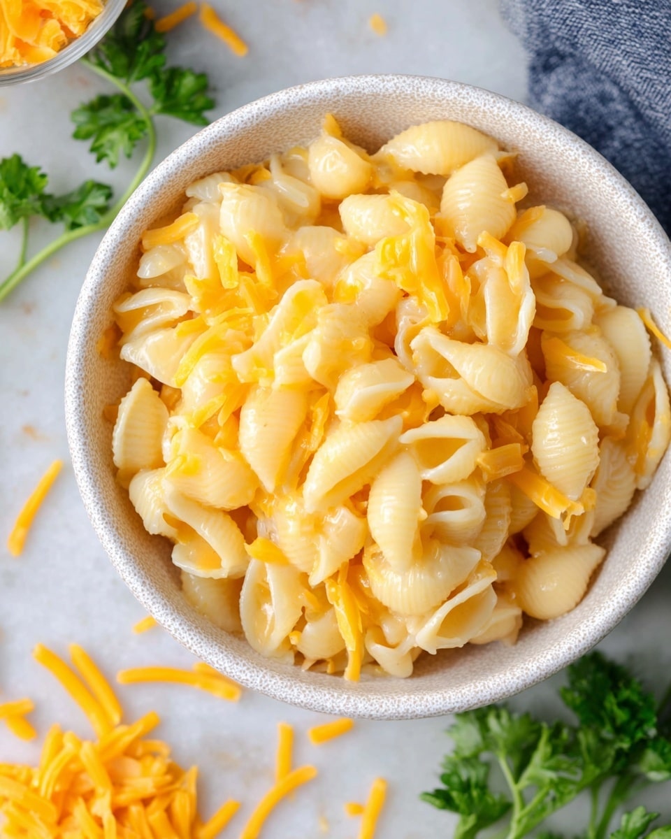 A close-up view of a bowl filled with creamy macaroni shells mixed with melted orange cheddar cheese strands. The pasta is light yellow with a smooth and slightly shiny texture, coated evenly with the cheese sauce. There are some loose strands of shredded cheese scattered around the white marbled surface next to the bowl, as well as fresh green parsley leaves in the corner for color contrast. The bowl is white and textured, with the creamy pasta filling it nearly to the top. Photo taken with an iphone --ar 4:5 --v 7
