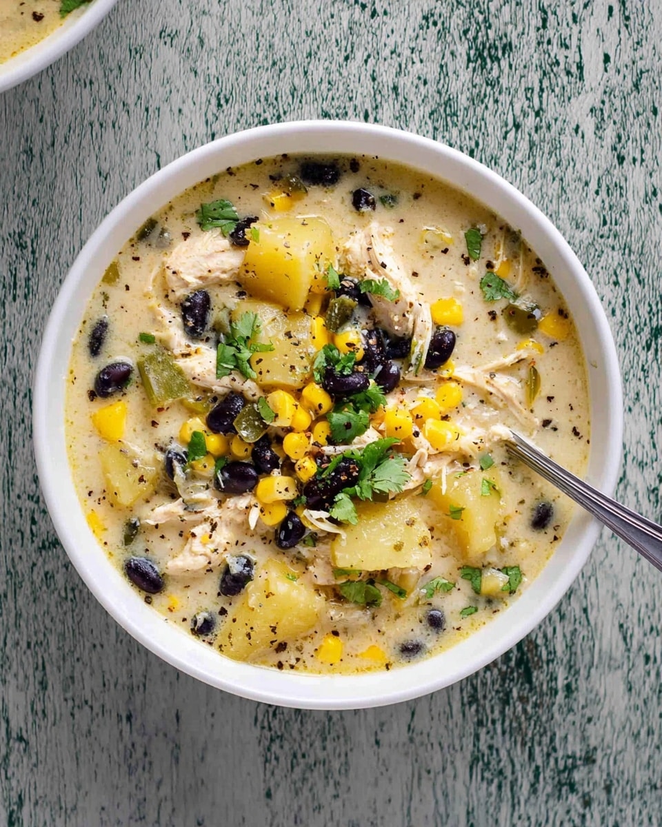 A white bowl filled with creamy soup that has chunks of light yellow potatoes, bright yellow corn kernels, dark black beans, and pieces of white shredded chicken. There are also green pepper pieces and small green cilantro leaves sprinkled on top, giving texture and color contrast. The soup looks thick and creamy with specks of black pepper, and a silver spoon is resting inside the bowl on the right side. The bowl is placed on a white marbled textured surface. photo taken with an iphone --ar 4:5 --v 7
