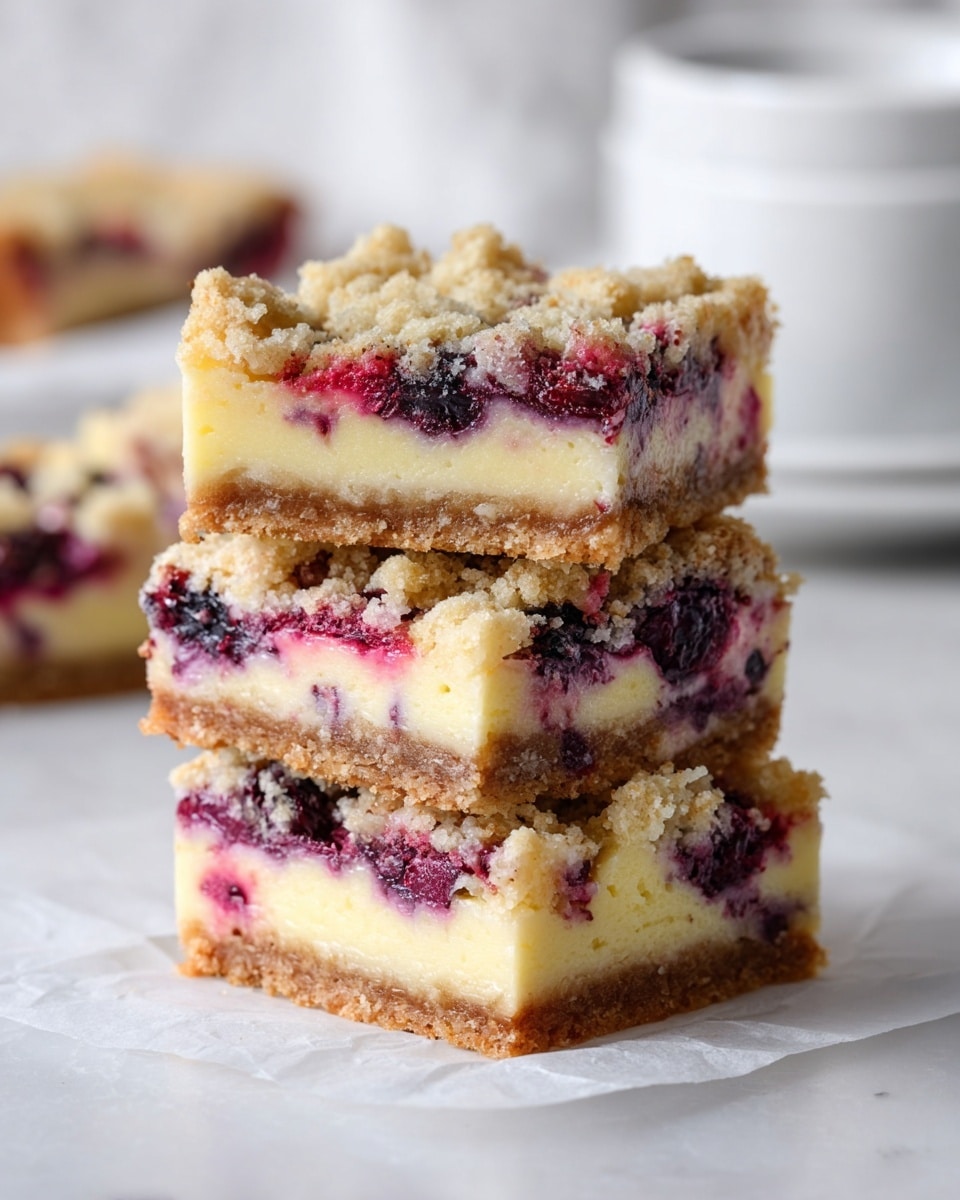 The image shows a stack of four square bars with three visible layers. The bottom layer is a light brown, crumbly crust that looks firm and slightly rough. The middle layer is thick, creamy, and pale yellow with mixed-in small pieces of red and purple berries that add pops of color. The top layer is a crumbly, rough-textured streusel with a golden-brown color and some berries peeking through. The bars are placed on a piece of white parchment paper on a white marbled surface. In the background, there are blurry white dishes. photo taken with an iphone --ar 4:5 --v 7