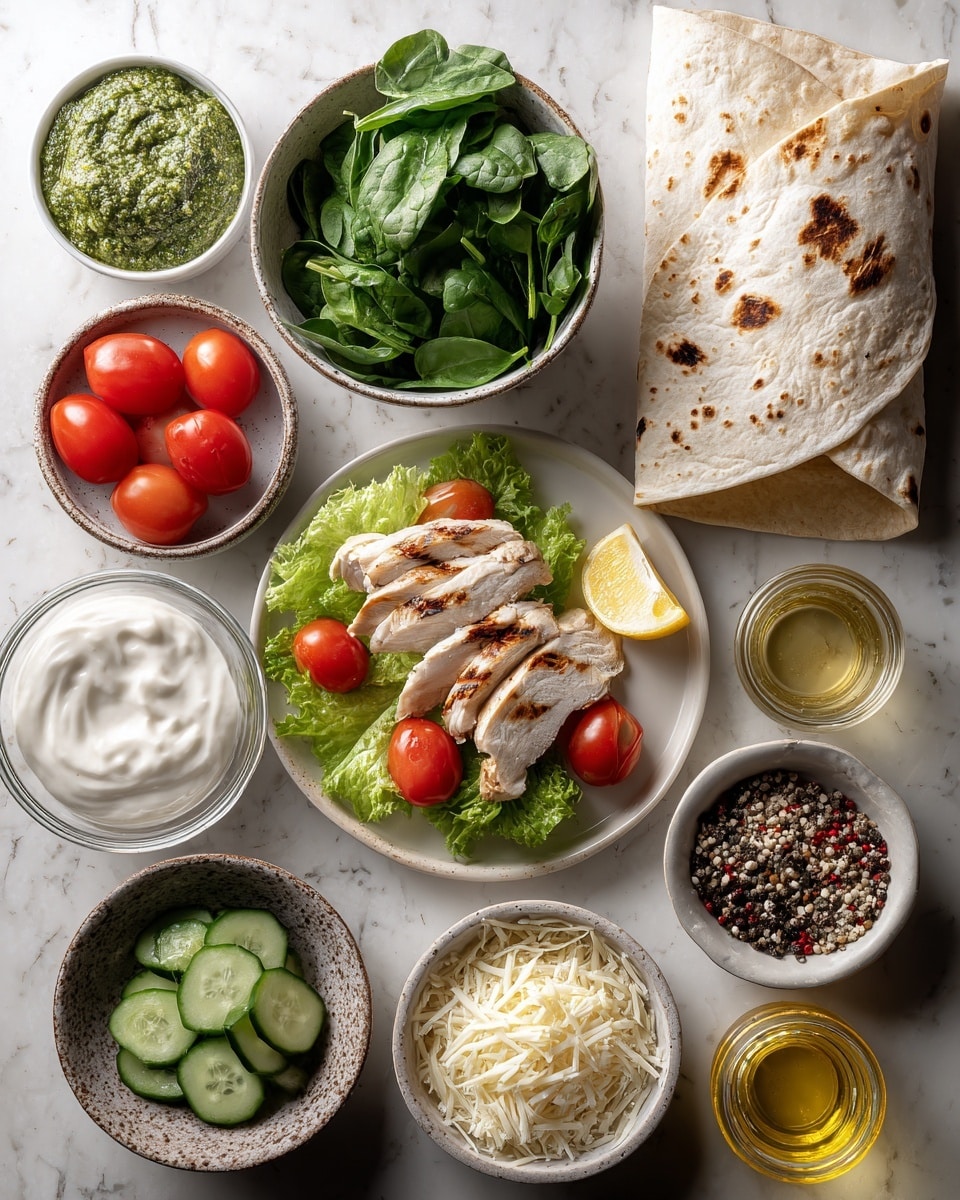 The image shows a flat lay of various fresh ingredients arranged on a white marbled surface. From left to right, starting at the top left, there is a small white bowl containing green pesto sauce with a coarse texture. Next to it, a white bowl filled with fresh green spinach leaves. To the right, three folded white tortillas with light toasty brown spots, stacked and overlapping. Below the pesto, on a white plate, there are several slices of cooked chicken with grill marks placed over green lettuce leaves, garnished with three red cherry tomato halves and a wedge of yellow lemon. Next to the chicken plate is a small clear glass bowl with thick, creamy white sauce. Below the sauce, a small white bowl holds thin round cucumber slices. At the bottom left, a speckled brown bowl contains bright red cherry tomatoes with green stems. To the right of the tomatoes, there is a small clear glass cup with a yellow liquid, likely oil, and next to it, a small clear bowl of mixed whole peppercorns in black, white, and red. Above the peppercorns are two small bowls side by side; one with fine white shredded cheese on a light beige plate, and the other with a larger pile of fine shredded white cheese in a dark brown bowl. The setup is neat and clean with good lighting, photo taken with an iphone --ar 4:5 --v 7