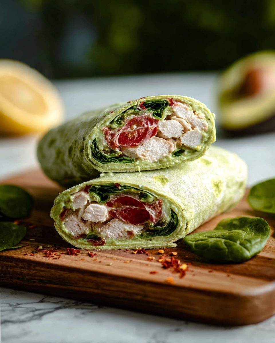 Two halves of a wrap sandwich are stacked on a wooden board with a white marbled texture background. The wrap is light green and soft. Inside, there are three main layers: a creamy green spread closest to the wrap, green spinach leaves underneath, and white chicken pieces in the center surrounded by pieces of red tomato. Small leafy greens and red seasoning flakes are scattered around the board. A blurred avocado half and a lemon wedge are in the background. Photo taken with an iphone --ar 4:5 --v 7