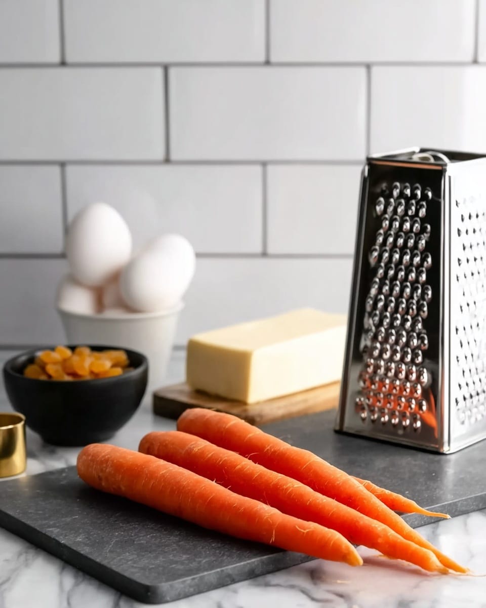 The image shows three bright orange carrots laying side by side on a dark gray cutting board placed on a white marbled surface. To the right of the carrots is a shiny, metal box grater standing upright with its handle facing up. In the background, slightly out of focus, there are two white eggs, a small black bowl filled with golden raisins, a small golden measuring cup, and a block of pale yellow butter stacked on the white marbled surface, all against a backdrop of white subway tiles. Photo taken with an iphone --ar 4:5 --v 7