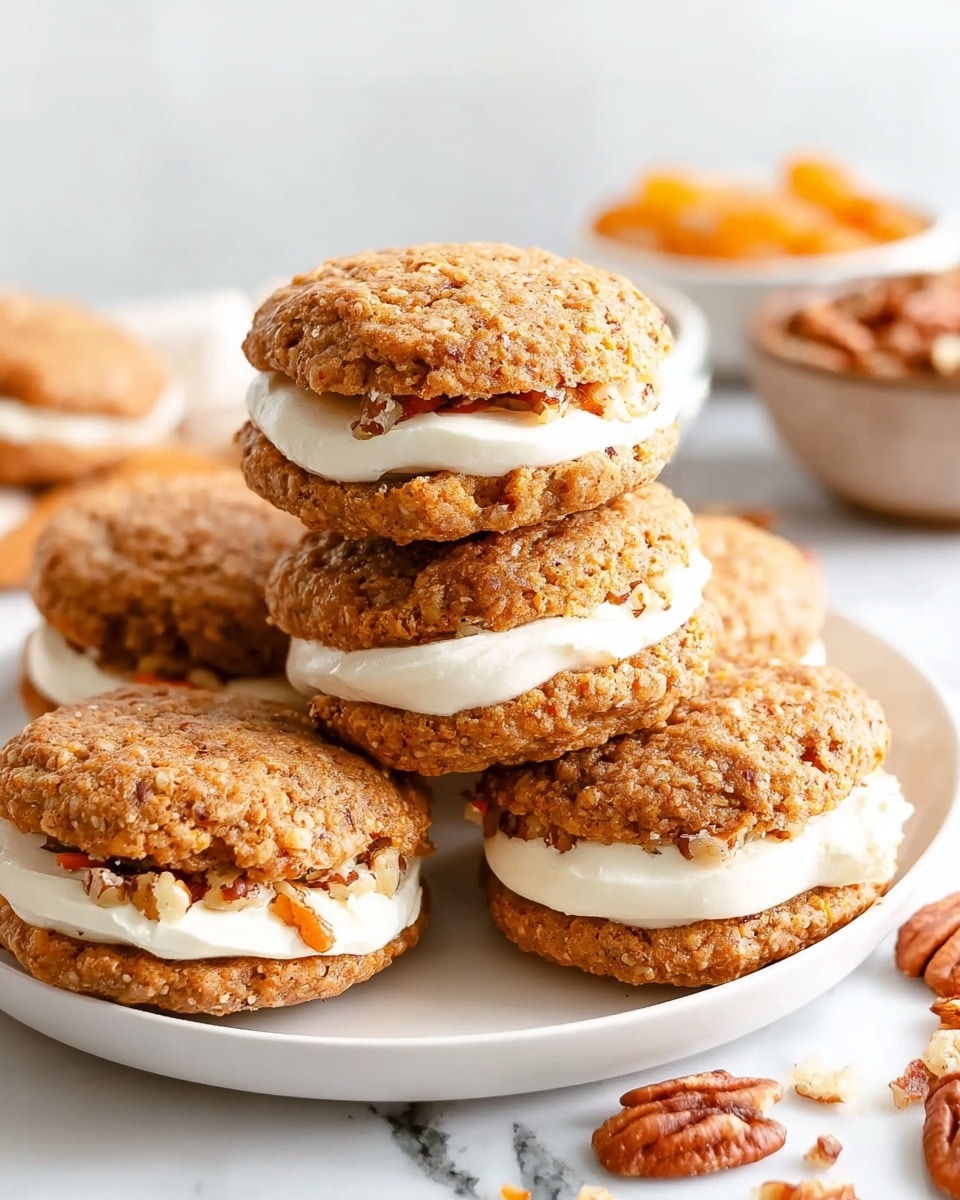 A white plate holds six sandwich cookies stacked in a loose pile. Each sandwich cookie has two light brown, textured cookies with visible small bits of carrot and pecan, and a thick layer of smooth white cream filling in the middle. The cookies look soft and slightly lumpy with an uneven surface. The background shows a white marbled surface with blurred small bowls of golden raisins and scattered pecans. The lighting is soft and natural, highlighting the textures of the cookies and cream filling. photo taken with an iphone --ar 4:5 --v 7