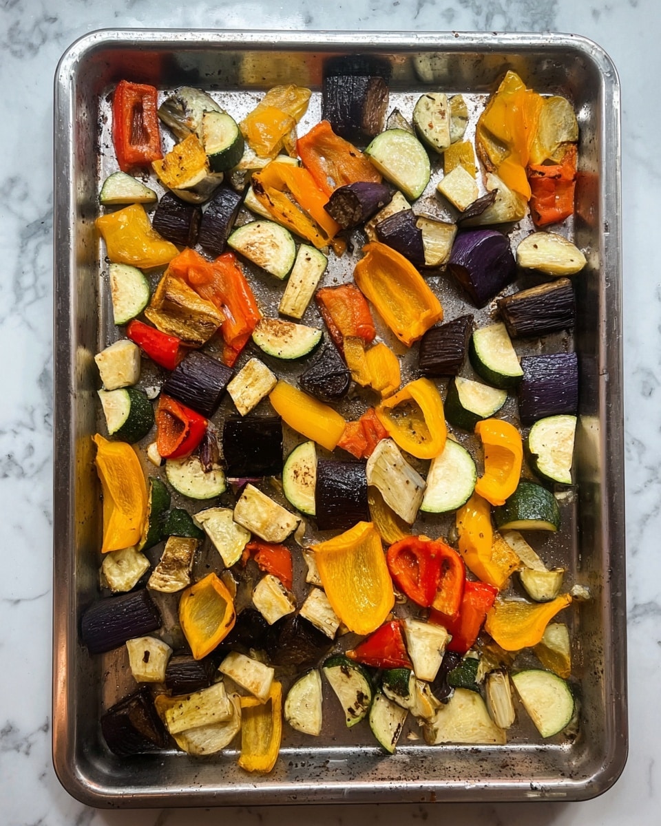 The image shows a large metal baking tray filled with a single layer of roasted vegetables. There are chunks of dark purple eggplant with a slightly browned skin and creamy inside, pieces of yellow and orange bell peppers with soft, cooked textures and slightly charred edges, and slices of green zucchini with firmer, light green flesh. The vegetables are spaced out, and some have slightly browned or blackened spots from roasting. The tray sits on a white marbled surface, visible around the edges of the tray. Photo taken with an iphone --ar 4:5 --v 7