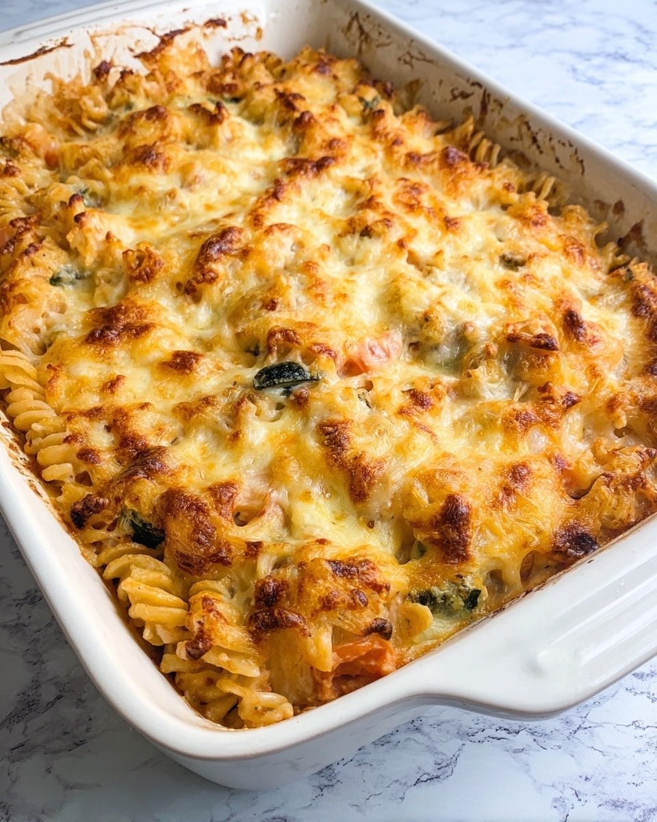 The image shows a white rectangular baking dish filled with baked pasta. The top layer is golden brown melted cheese with crispy edges, covering a mix of spiral pasta and vegetables visible below, like green zucchini and bits of red tomatoes. The pasta appears soft and coated in a creamy sauce, with some browned spots from baking. The dish rests on a white marbled surface, and you can see slight baking marks on the edges of the dish. photo taken with an iphone --ar 4:5 --v 7