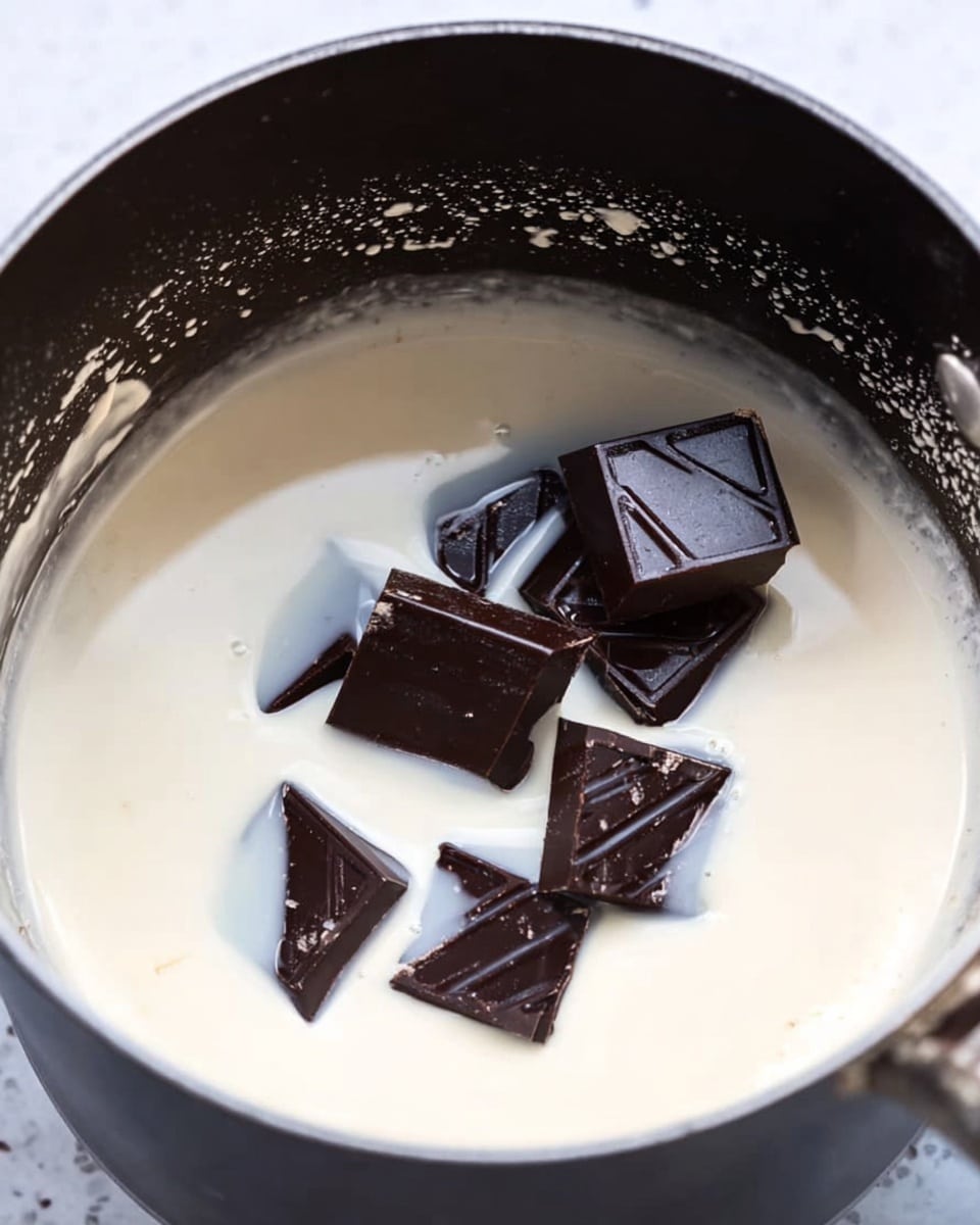 The image shows a black pot filled with a thick white liquid that looks like cream or milk. Inside the liquid, there are several dark chocolate pieces, square-shaped and melting slowly. The chocolate has a glossy texture and is partly submerged and partly sticking out of the white liquid. The pot has specks of the white liquid splattered on its inside walls. The background is a white marbled surface. photo taken with an iphone --ar 4:5 --v 7