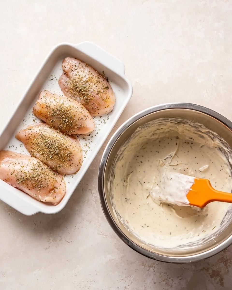 The image shows two smaller photos side by side on a white marbled surface. On the left, there is a white rectangular dish with four raw chicken pieces laid flat in a single layer, each sprinkled evenly with a mixture of herbs and spices giving a light brown and green speckled look on the pale pink surface of the chicken. On the right side, there is a stainless steel mixing bowl filled with a creamy white mixture that has some black specks throughout, with an orange spatula resting inside, partially lifted with some of the mixture on it, showing a smooth texture. photo taken with an iphone --ar 4:5 --v 7