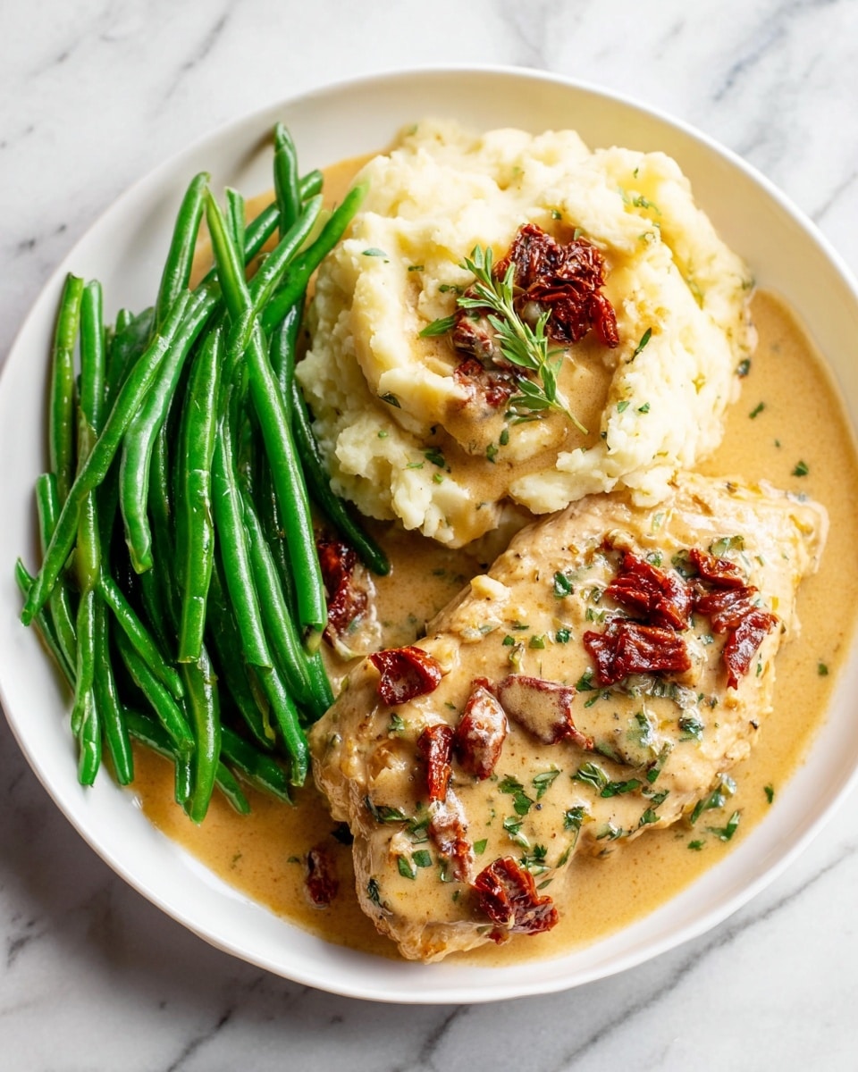 A white plate on a white marbled surface holds three main layers: bright green slender green beans piled on the left, smooth creamy mashed potatoes with a light pale yellow color and small pieces of sun-dried tomatoes on the bottom center, and a piece of chicken covered in a light tan creamy sauce with herbs and sun-dried tomatoes on the right, all sitting in a pool of light brown creamy sauce covering part of the plate. photo taken with an iphone --ar 4:5 --v 7