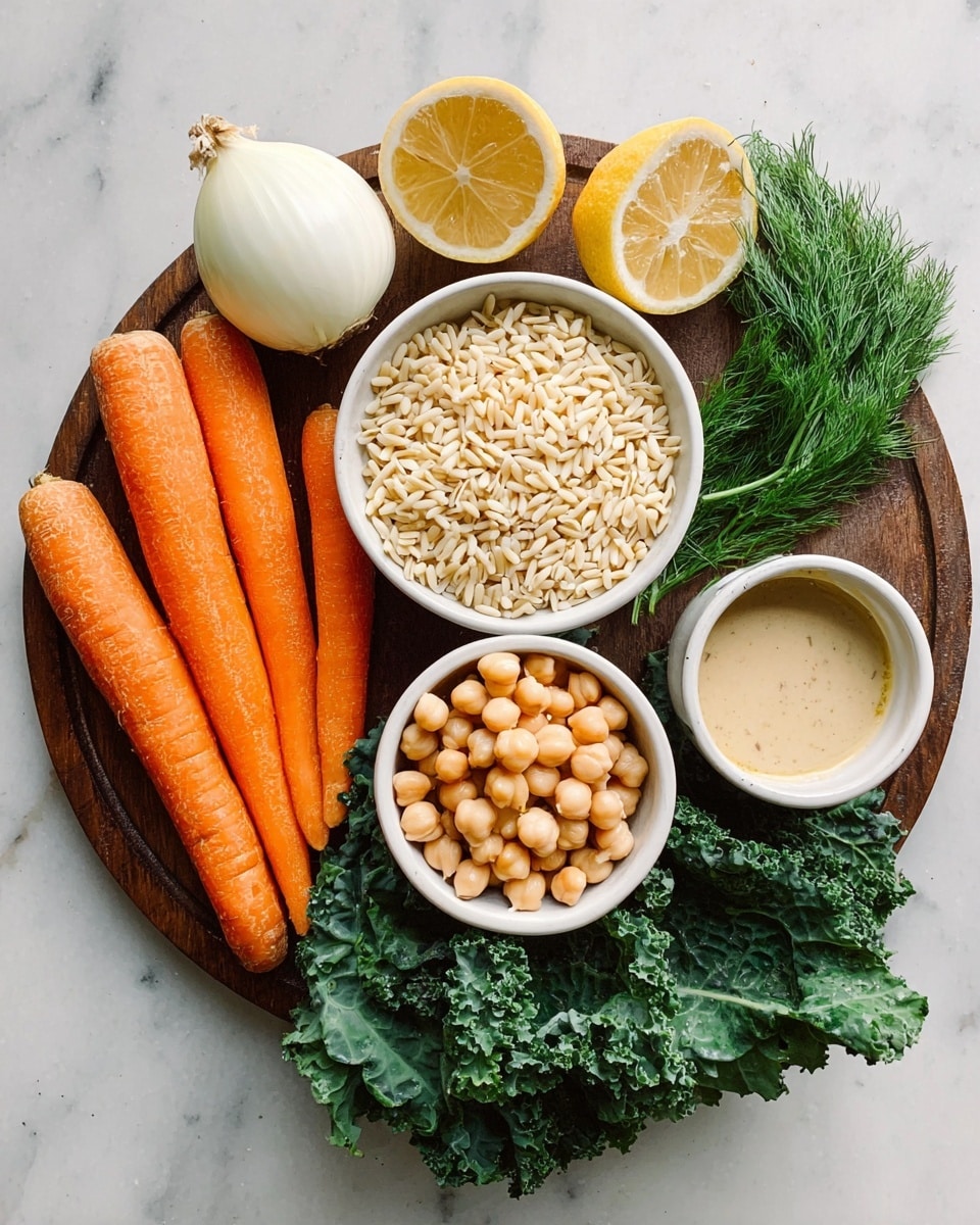 The image shows a round brown wooden board placed on a white marbled surface. On the left side, there are three long, whole orange carrots placed parallel to each other, next to a half white onion with its white inner layers visible. In the center, slightly to the left, a white bowl filled with small uncooked orzo pasta graces the board. Above it, two lemon halves with pale yellow flesh and another whole lemon are positioned near a small bunch of bright green dill. To the right, a small white bowl contains a beige creamy sauce, and next to it, a larger white bowl filled with round beige chickpeas rests on a bed of fresh dark green leafy kale spread across the bottom half of the board. Photo taken with an iphone --ar 4:5 --v 7