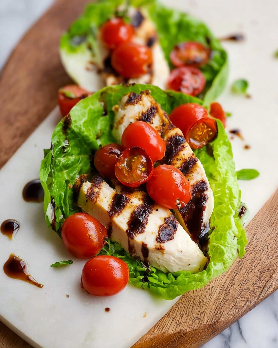 The image shows three white grilled chicken slices with dark grill marks on top of a green romaine lettuce leaf. Bright red halved and whole cherry tomatoes are scattered over the chicken and leaf, adding color and freshness. The dish is placed on a white plate with some dark balsamic glaze drizzled over the chicken and plate for extra contrast. The plate sits on a white marbled surface with a wooden board partly visible under it. Photo taken with an iphone --ar 4:5 --v 7