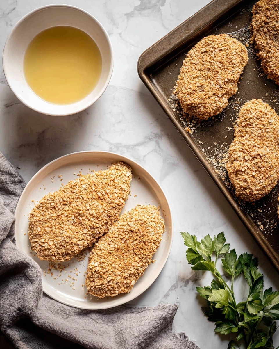The image shows three flat oval pieces of food coated in a light brown crumb mix with visible oats textured on a small white plate on the left, and three similar pieces already coated and placed on a dark metal baking tray on the right. Above the plate, there is a white bowl with a light yellow liquid, possibly an egg wash. The setting is on a white marbled surface with some green parsley leaves near the top right and bottom of the image. A grey cloth is partly under the plate, adding softness to the scene. The light is bright and natural, highlighting the textures and colors clearly. photo taken with an iphone --ar 4:5 --v 7