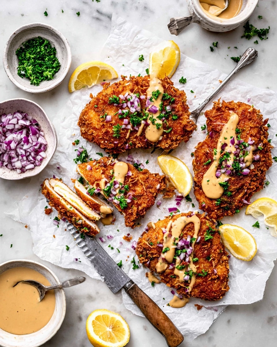 Four pieces of crispy fried chicken with a golden brown crunchy coating are placed on white parchment paper over a white marbled surface. Each piece is drizzled with a light beige creamy sauce and sprinkled with small bits of purple onion and green parsley. One piece is sliced, showing a white interior. Around the chicken, there are lemon wedges, a silver fork resting on the plate beside the sliced piece, a knife with a wooden handle next to a piece of chicken, a small white bowl filled with chopped purple onion, another white bowl with chopped green herbs, and a white bowl of creamy sauce with a spoon. Some parsley leaves and onion pieces are scattered on the surface. Photo taken with an iphone --ar 4:5 --v 7