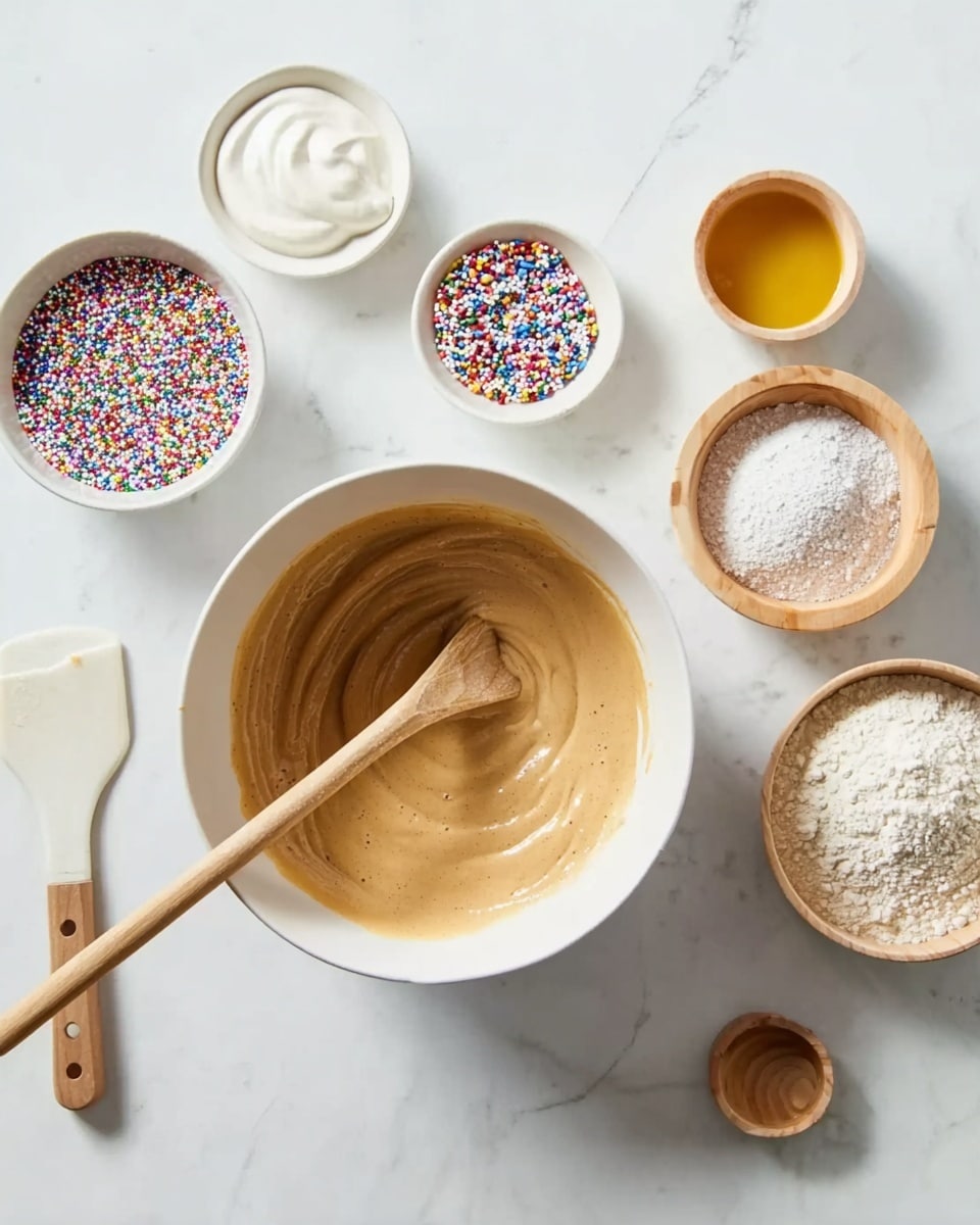 The image shows a top view of several white bowls placed on a white marbled surface, each containing different ingredients. There are two bowls with colorful sprinkles—one closer to the top middle and another on the right side. A larger bowl near the bottom left contains a thick light brown batter with a wooden spoon resting in it. Small white bowls hold a golden liquid and white powdery substances, placed near the center of the surface. Two small wooden bowls, empty, are positioned near the top right, and a white spatula with a wooden handle lies diagonally across the center. Photo taken with an iphone --ar 4:5 --v 7