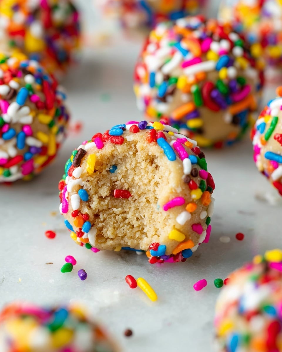 A close-up of round cookie dough balls coated with colorful sprinkles on a white marbled surface, showing the front cookie partially bitten to reveal a soft, light tan dough inside with a slightly crumbly texture, covered in small, bright round and stick-shaped sprinkles in red, blue, yellow, green, pink, purple, orange, and white, with several whole cookie dough balls blurred out in the background. photo taken with an iphone --ar 4:5 --v 7