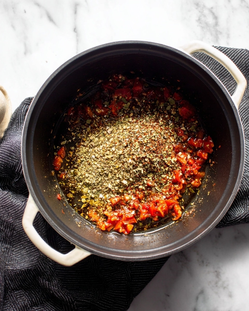 Inside a black cooking pot with white handles, there is one layer of cooked small red and orange pieces of vegetables mixed with oil, scattered unevenly in the bottom center and left side. On top of this layer, there is a sprinkle of dry herbs and spices, light brown and green in color, spread especially in the center. The pot rests on a black striped cloth, and the whole scene is set on a white marbled surface. Photo taken with an iphone --ar 4:5 --v 7
