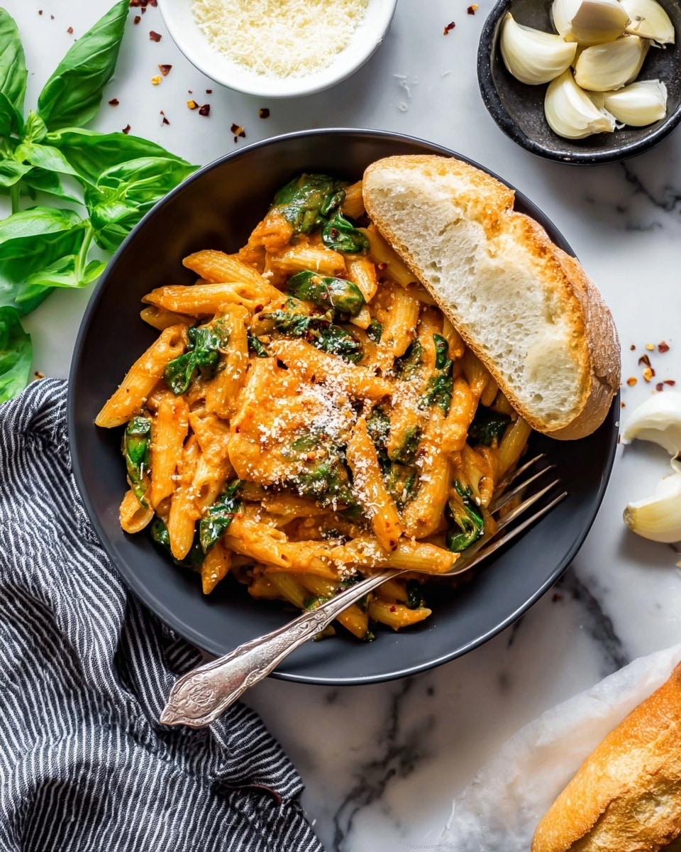 A dark bowl filled with penne pasta covered in a thick orange-red sauce, mixed with fresh green spinach leaves. On top, there is a sprinkling of grated cheese and chili flakes. A piece of crusty white bread rests inside the bowl on the right side, next to an old-fashioned silver fork. Around the bowl, there are fresh green basil leaves on a white marbled surface, with a small white bowl of grated cheese and a black bowl holding peeled garlic cloves near the top. A striped cloth is placed on the bottom left corner. Photo taken with an iphone --ar 4:5 --v 7