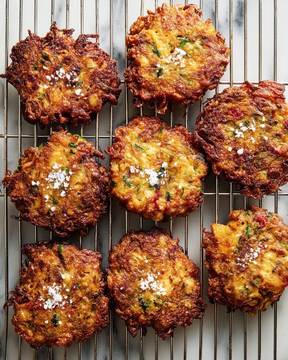 Eight golden-brown fritters with a crispy, uneven texture are arranged on a silver cooling rack over a white marbled surface. Each fritter has visible small green and red bits mixed in, likely herbs and vegetables, giving a speckled effect throughout their rough, crunchy surface. They are topped lightly with coarse white salt flakes, accentuating their textured tops. The fritters are roughly circular but irregular in shape, showing patches of darker caramelized edges and lighter, softer inner areas. The whole scene is brightly lit, highlighting the rich color and texture contrasts. Photo taken with an iphone --ar 4:5 --v 7