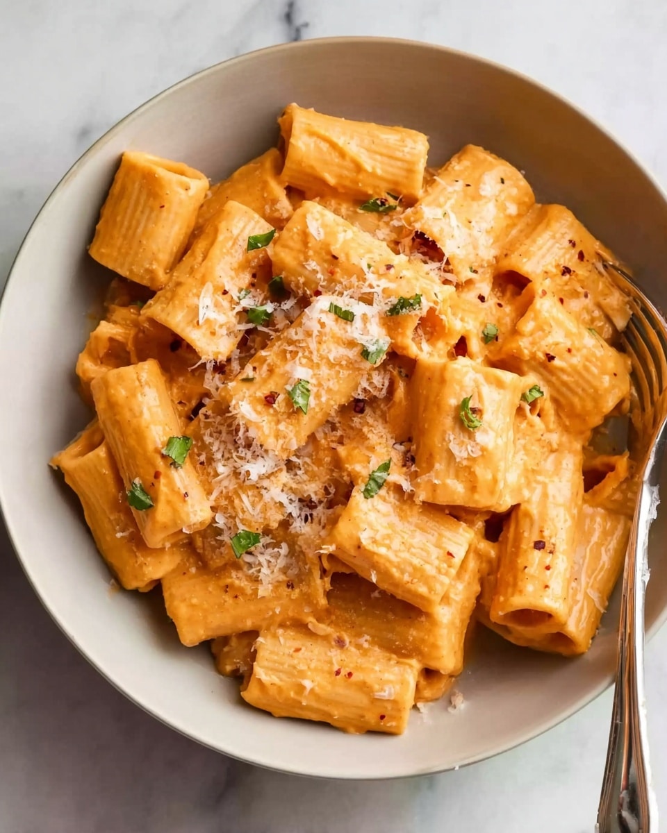 A white bowl filled with rigatoni pasta covered in a creamy orange sauce. The pasta tubes are thick and smooth, arranged in layers with a light sprinkling of grated cheese and small green herb pieces on top. A fork rests on the right side of the bowl, partially inside the pasta. The background is a white marbled surface. photo taken with an iphone --ar 4:5 --v 7