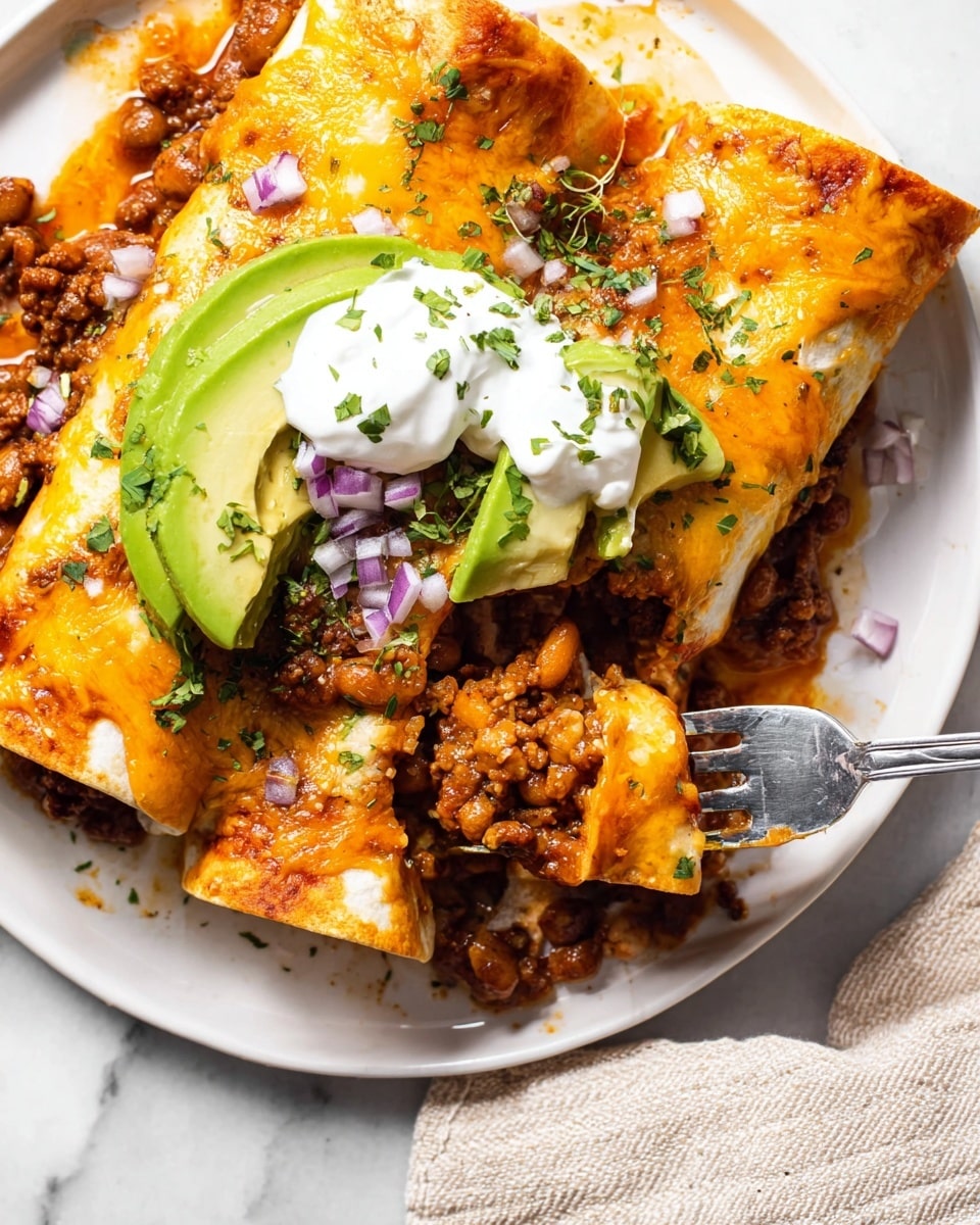 A white plate with two folded, golden brown enchiladas filled with a mix of ground meat and beans, topped with melted orange cheese, dollops of white cream, and slices of fresh green avocado on top. Small pieces of purple onion and chopped green herbs are scattered around, adding color. A silver fork is pulling up one enchilada, showing the filling inside. The plate is on a white marbled surface with a beige cloth on the side. Photo taken with an iphone --ar 4:5 --v 7