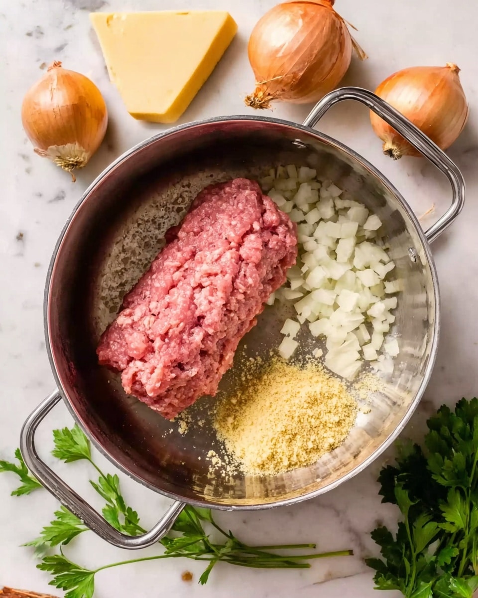 A silver cooking pot with two handles is placed on a white marbled surface. Inside the pot, there is one large piece of pink ground meat positioned on the left side, chopped white onions on the right side, and small piles of light yellow minced garlic and light beige breadcrumbs next to the meat near the bottom-left corner. Around the pot on the surface, there are whole yellow onions, a wedge of pale yellow cheese, and green parsley leaves. The photo taken with an iphone --ar 4:5 --v 7