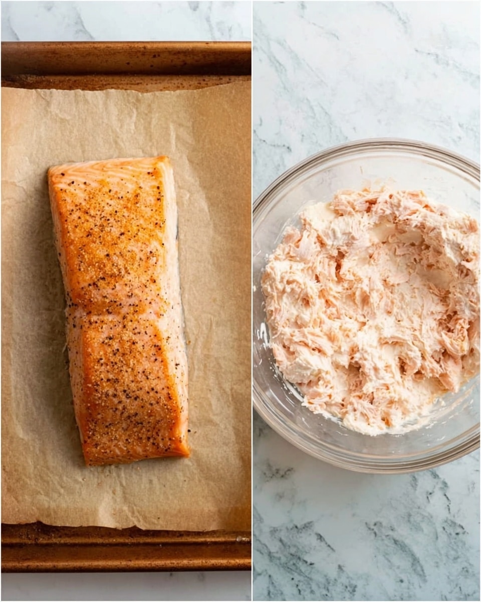 The image shows two parts: on the left is a baked salmon piece on a baking sheet lined with parchment paper, the salmon has a golden-brown color with pepper seasoning on top and a slightly crispy texture on the surface. On the right is a clear glass bowl filled with a creamy, light pink mixture that looks like flaked salmon mixed with mayonnaise or cream, sitting on a white marbled surface. photo taken with an iphone --ar 4:5 --v 7