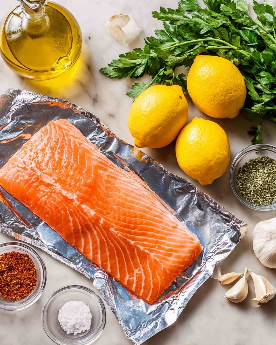 The image shows a raw salmon fillet with a bright orange color and visible white lines of fat, placed on a sheet of shiny silver foil on a white marbled surface. To the right of the salmon, there are three whole yellow lemons with a smooth texture, a glass bottle of yellow olive oil, and four cloves of garlic with white papery skin. Surrounding them are small bowls holding white salt, black pepper, red paprika, and green dried herbs. A bunch of fresh green parsley is partially visible on the far right side. The overall scene is bright and fresh, with the ingredients neatly arranged for preparation. photo taken with an iphone --ar 4:5 --v 7