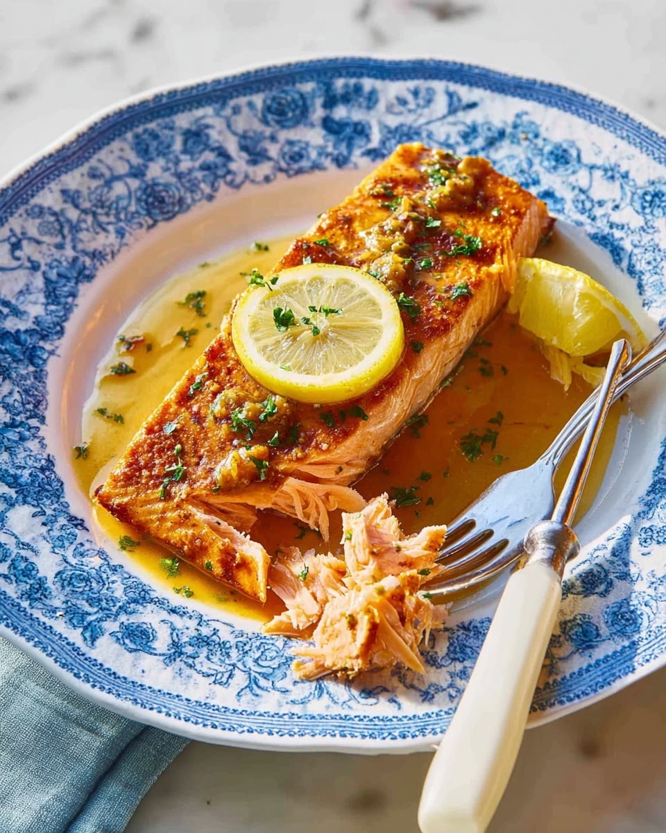 A white plate with a blue floral pattern holds a cooked salmon fillet with a rich orange-brown color and a slightly crispy texture on top. The salmon is topped with a thin, bright yellow lemon slice sprinkled with small green parsley pieces. Some sauce with an oily, golden texture surrounds the fish. A silver fork with a white handle rests on the right side of the plate, holding a piece of the salmon with a soft, flaky pale pink inside. A lemon wedge is seen on the side. The plate sits on a white marbled surface. Photo taken with an iphone --ar 4:5 --v 7