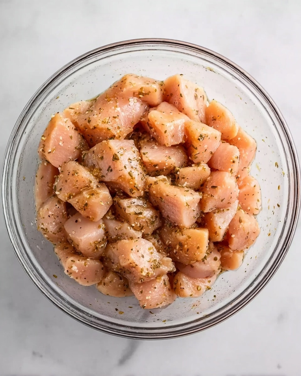 A clear glass bowl filled with small, cubed pieces of raw chicken that are light pink with a hint of orange from seasoning. The chicken pieces have a shiny and moist texture with visible specks of herbs and black pepper scattered evenly on the surface. The bowl is placed on a white marbled surface, showing the clear edges and round shape of the bowl. photo taken with an iphone --ar 4:5 --v 7