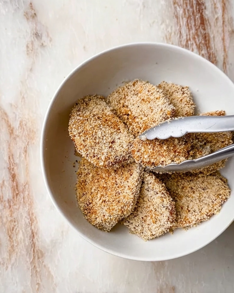 A white bowl filled with several thin slices of food covered in a light beige crumb coating, showing a rough and grainy texture. The slices overlap each other and appear fully covered by the crumbs. A pair of metal tongs with gray tips is holding one crumb-coated slice, positioned from the bottom left of the image. The bowl is placed on a white marbled surface with soft brown veins and a slightly worn look. photo taken with an iphone --ar 4:5 --v 7