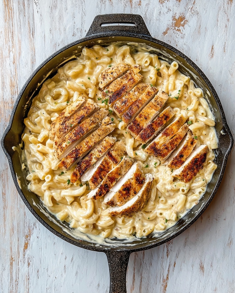 A black cast iron pan sits on a white marbled surface, filled with creamy pasta and three sliced, golden-brown pieces of grilled chicken on top. The creamy sauce coats the short tubular pasta, giving it a smooth, slightly shiny look. The grilled chicken pieces are arranged in a rough triangle shape, each with a crispy, well-seasoned outside and tender white inside, laid out on top of the pasta. The pan handle is visible, and the scene shows a simple, rustic meal ready to eat photo taken with an iphone --ar 4:5 --v 7