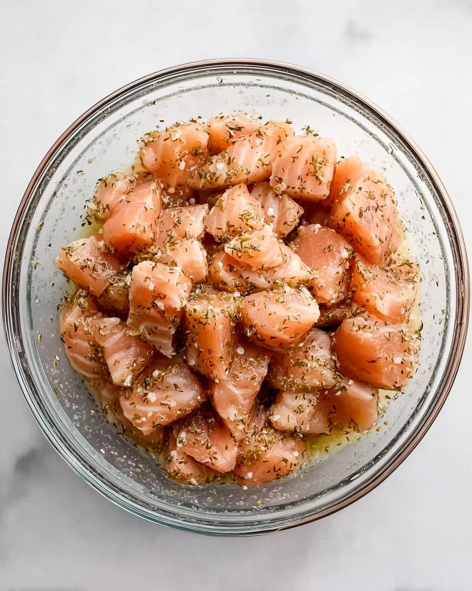 The image shows a clear glass bowl filled with small, raw salmon pieces coated in a light mix of herbs and spices. The salmon pieces have a soft pink to light orange color with some specks of green and black seasoning scattered evenly. The bowl is placed on a white marbled surface, enhancing the fresh and clean look of the fish. The salmon pieces are layered loosely and naturally inside the bowl. photo taken with an iphone --ar 4:5 --v 7