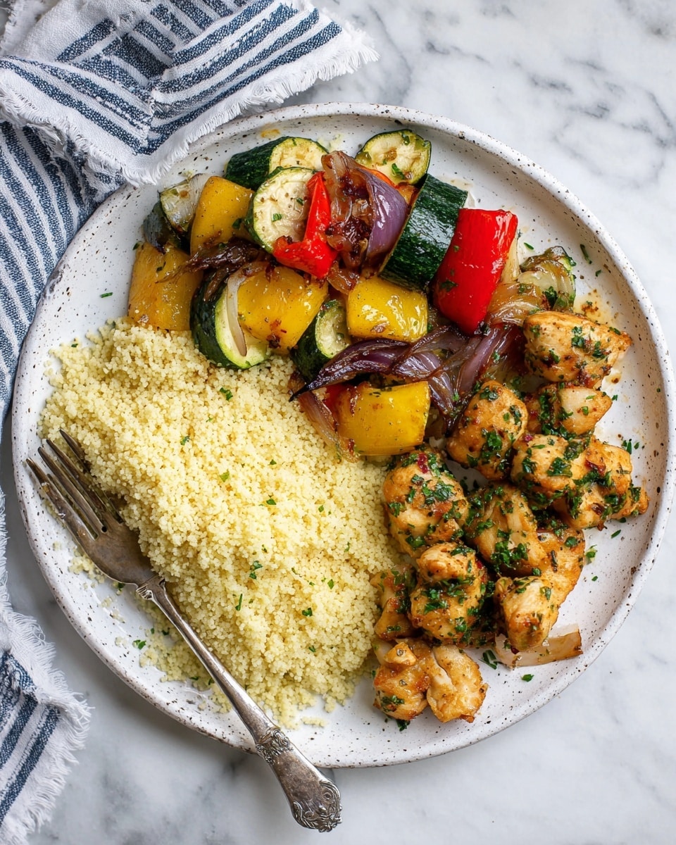 The image shows a white speckled plate with three main layers arranged side by side. On the left is a mound of pale yellow couscous with a light fluffy texture. The middle layer contains grilled vegetables including yellow squash, green zucchini, red bell peppers, and purple onions, all cut into large chunks with a slight char and a glossy finish. On the right side, there are small pieces of golden brown chicken with a crispy surface, covered in chopped green herbs and garlic bits. The plate rests on a white marbled surface with a silver fork placed on the left side of the couscous, and a blue and white striped cloth near the top right corner. Photo taken with an iphone --ar 4:5 --v 7