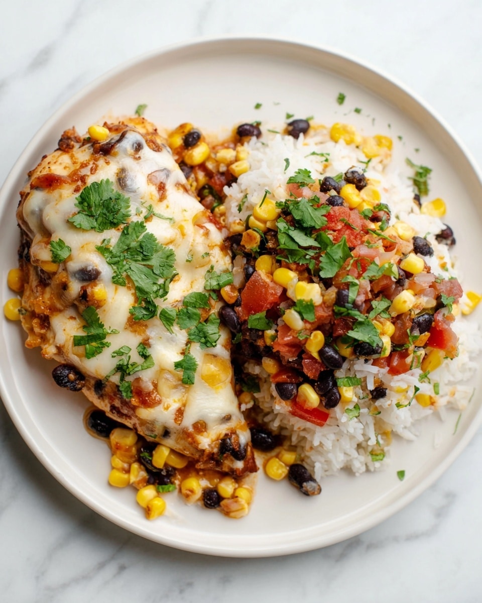 A white plate on a white marbled surface holds a colorful dish with two main parts. On the left is a thick piece of cooked chicken covered in a layer of melted white cheese mixed with yellow corn, black beans, and small bits of red tomato, topped with fresh green cilantro leaves. On the right side, there is a mound of white rice topped with a mix of corn, black beans, onions, and diced red tomatoes, garnished with green cilantro pieces. The dish shows a mix of creamy, soft, and fresh textures, with bright yellow, black, red, and green colors standing out against the white plate. photo taken with an iphone --ar 4:5 --v 7