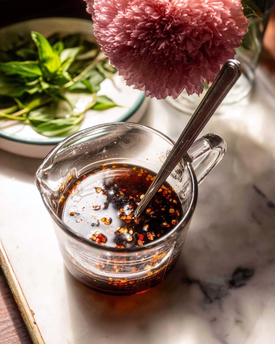 A clear glass measuring cup filled with a dark brown liquid that has small red chili flakes floating in it, with a metal spoon placed inside the cup. The cup sits on a white marbled surface, and behind it there is a white plate holding a green herb bunch and a large pink textured flower. The lighting casts soft shadows and gives a warm, natural feel to the scene. Photo taken with an iphone --ar 4:5 --v 7