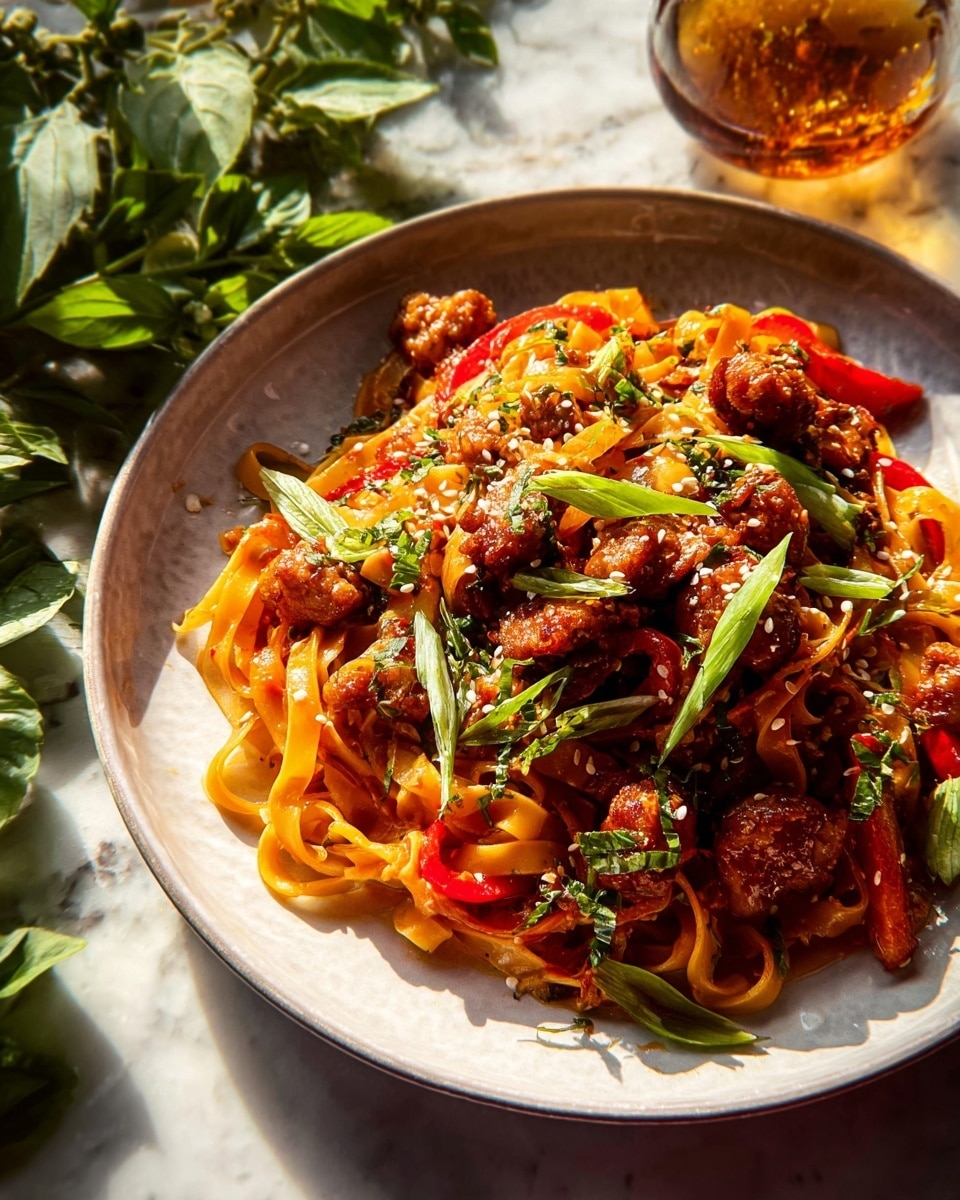 A white plate with wide flat noodles forming the bottom layer, showing a light glossy orange color mixed with slices of red bell pepper. On top of this sits a layer of small browned fried pieces of chicken, scattered thickly. The dish is garnished with thin slices of bright green spring onions and fresh green herbs, sprinkled with small white sesame seeds. The plate rests on a white marbled surface with some leafy greens and a glass of amber liquid nearby. The lighting is warm and natural, highlighting the textures and colors vividly. photo taken with an iphone --ar 4:5 --v 7