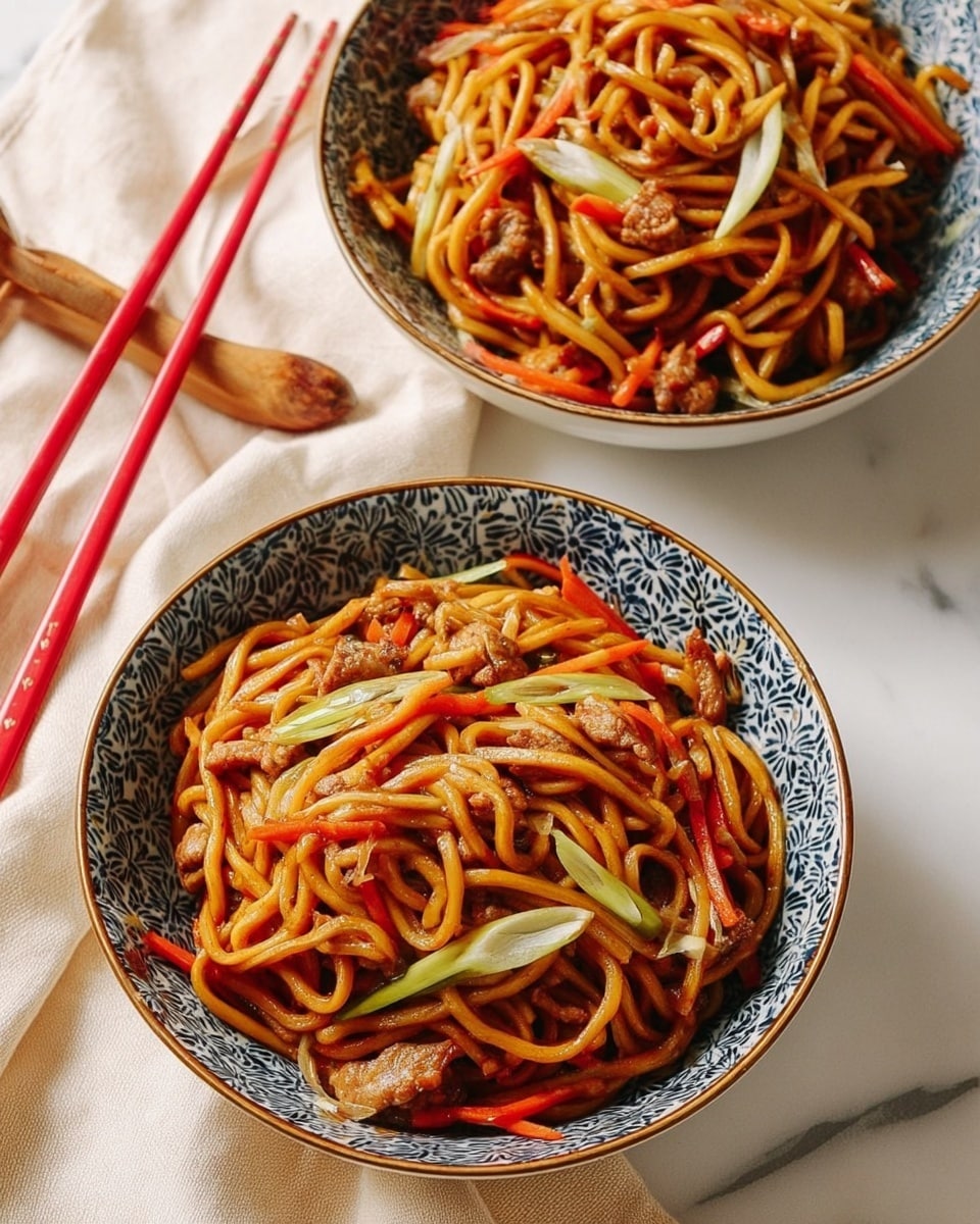 Two round bowls with blue and white patterns are filled with stir-fried noodles. The noodles are thick and orange-brown, mixed evenly with small pieces of light brown cooked meat and thin slices of vegetables like light green and white onion strips, and thin carrot sticks. The bowls are placed on a cream cloth on a white marbled surface. Red and wooden chopsticks rest nearby, adding a bit of color to the setting. The scene is warm and inviting with natural light highlighting the glossy texture of the noodles photo taken with an iphone --ar 4:5 --v 7