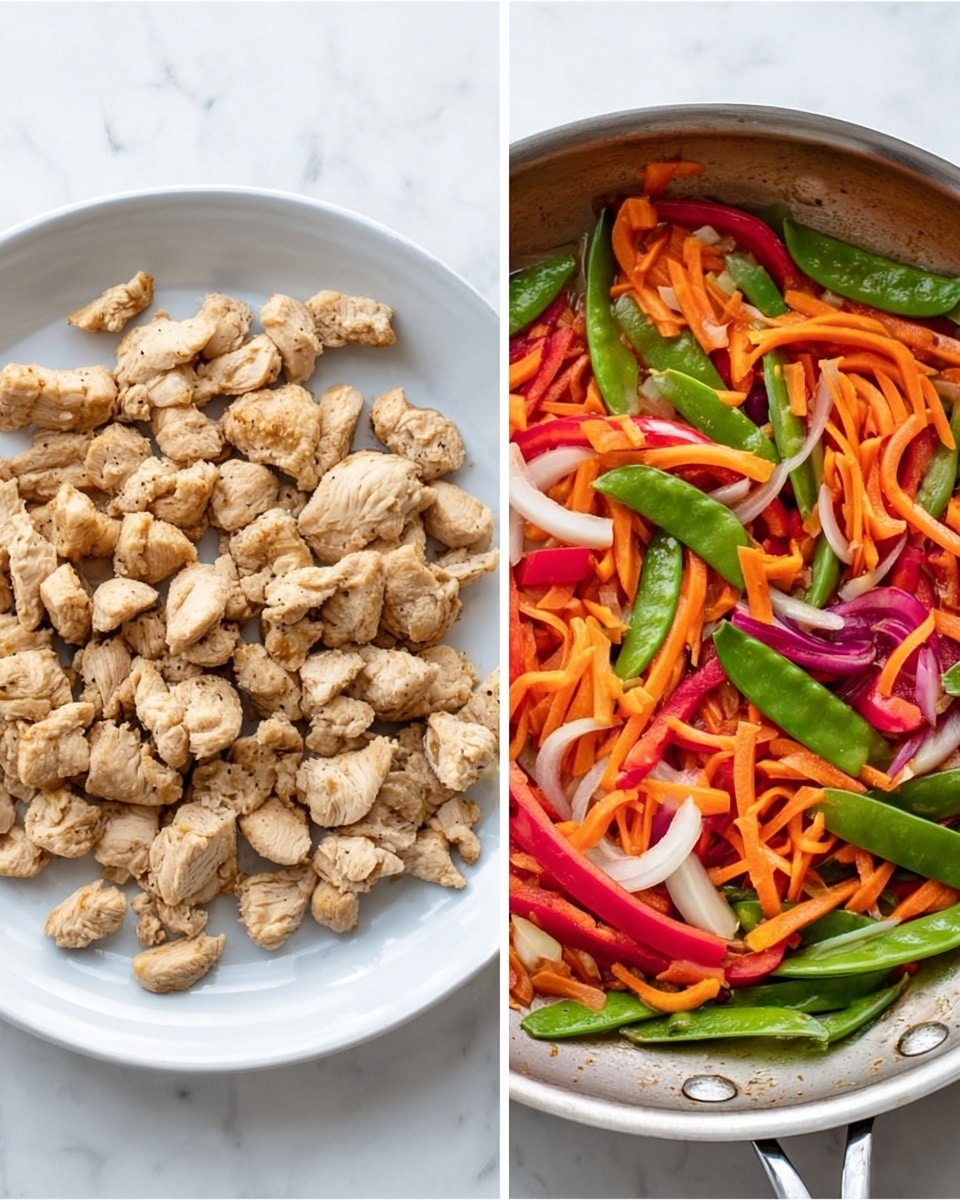 The left side shows a white round plate filled with many small, light brown pieces of cooked chicken spread evenly. The right side shows a silver pan resting on a white marbled surface, filled with bright orange thin carrot sticks, fresh green sugar snap peas, thin red bell pepper strips, and small white onion pieces scattered on top of each other, making a colorful mix of vegetables inside the pan. photo taken with an iphone --ar 4:5 --v 7