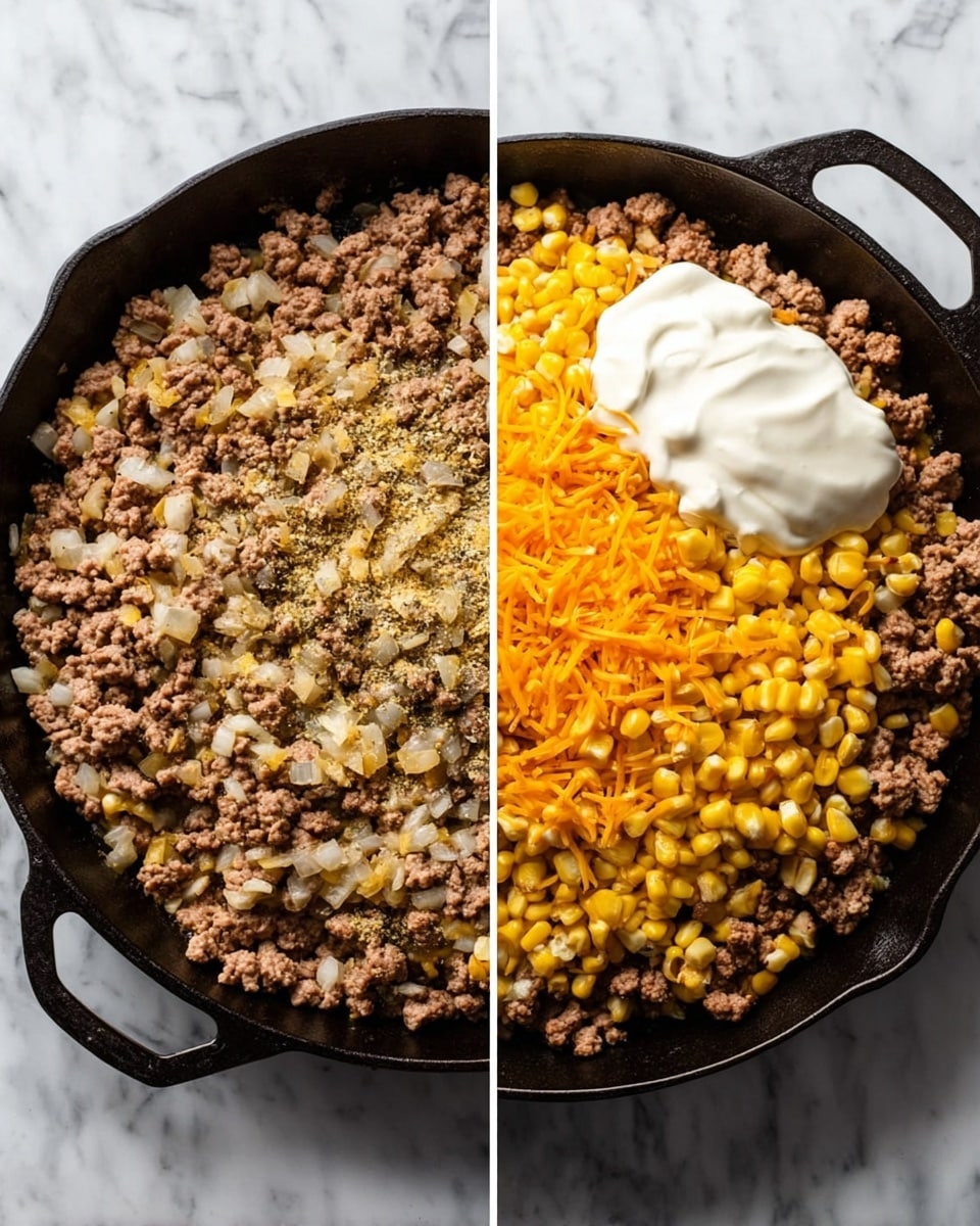 Two images side by side show a black cast iron pan on a white marbled surface. The left image shows cooked ground meat mixed with small bits of onion and some seasonings scattered on top, all with a brown and beige color. The right image shows the same pan and meat, now topped with several new layers: a pile of bright yellow corn, a heap of orange shredded cheese, a dollop of light beige creamy sauce, and a dollop of white sour cream, all resting on the brown meat base. Photo taken with an iphone --ar 4:5 --v 7