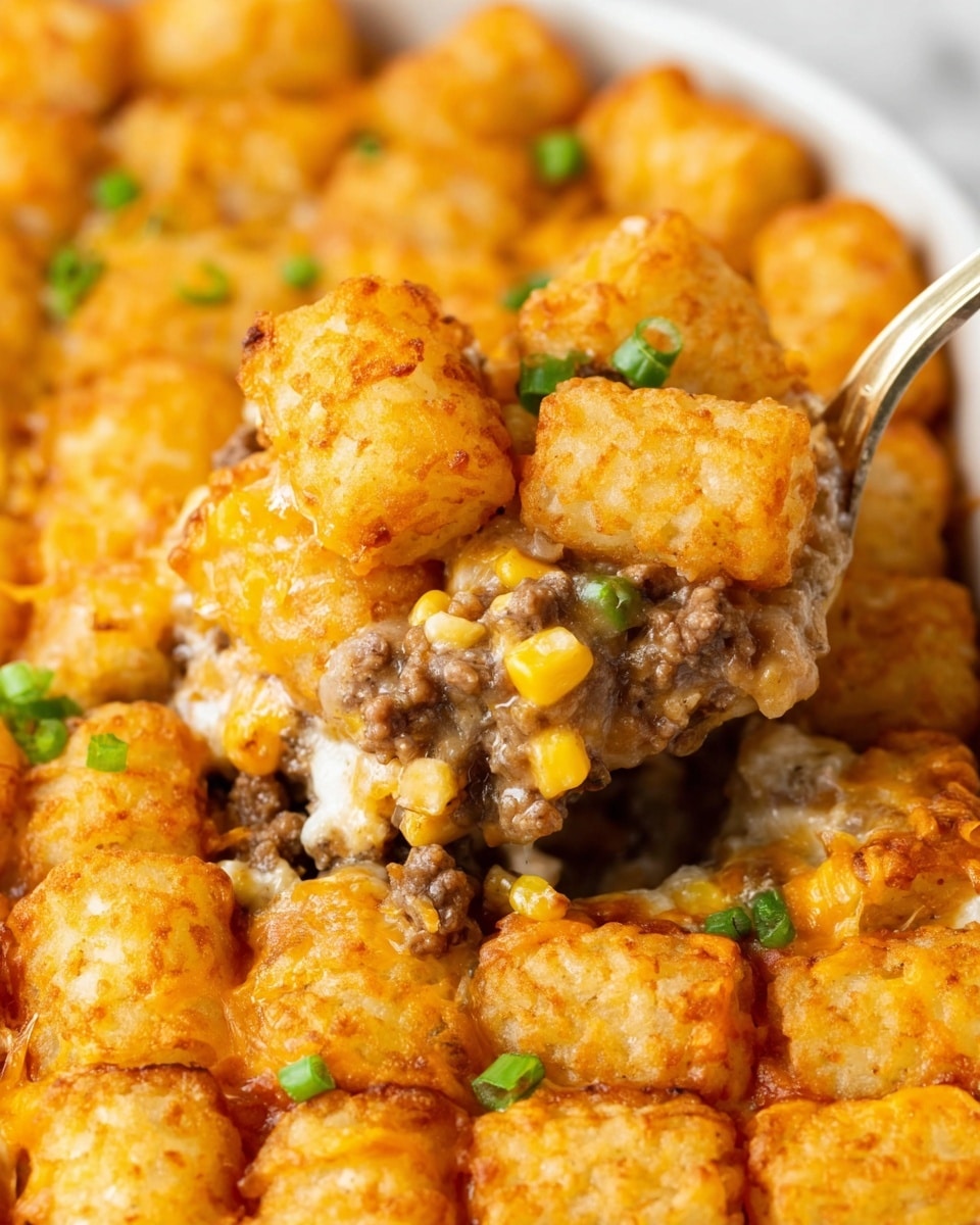 This close-up image shows a spoon holding a serving of a casserole dish with three visible layers. The top layer is made of golden brown, crisp tater tots arranged tightly together, each having a crispy, textured surface. Underneath is the creamy middle layer with a mix of cooked ground meat, melted cheese, corn kernels, and small bits of onion, all coated in a light creamy sauce. The casserole is garnished with small pieces of chopped green onions scattered on top. The dish rests on a white marbled surface. Photo taken with an iphone --ar 4:5 --v 7