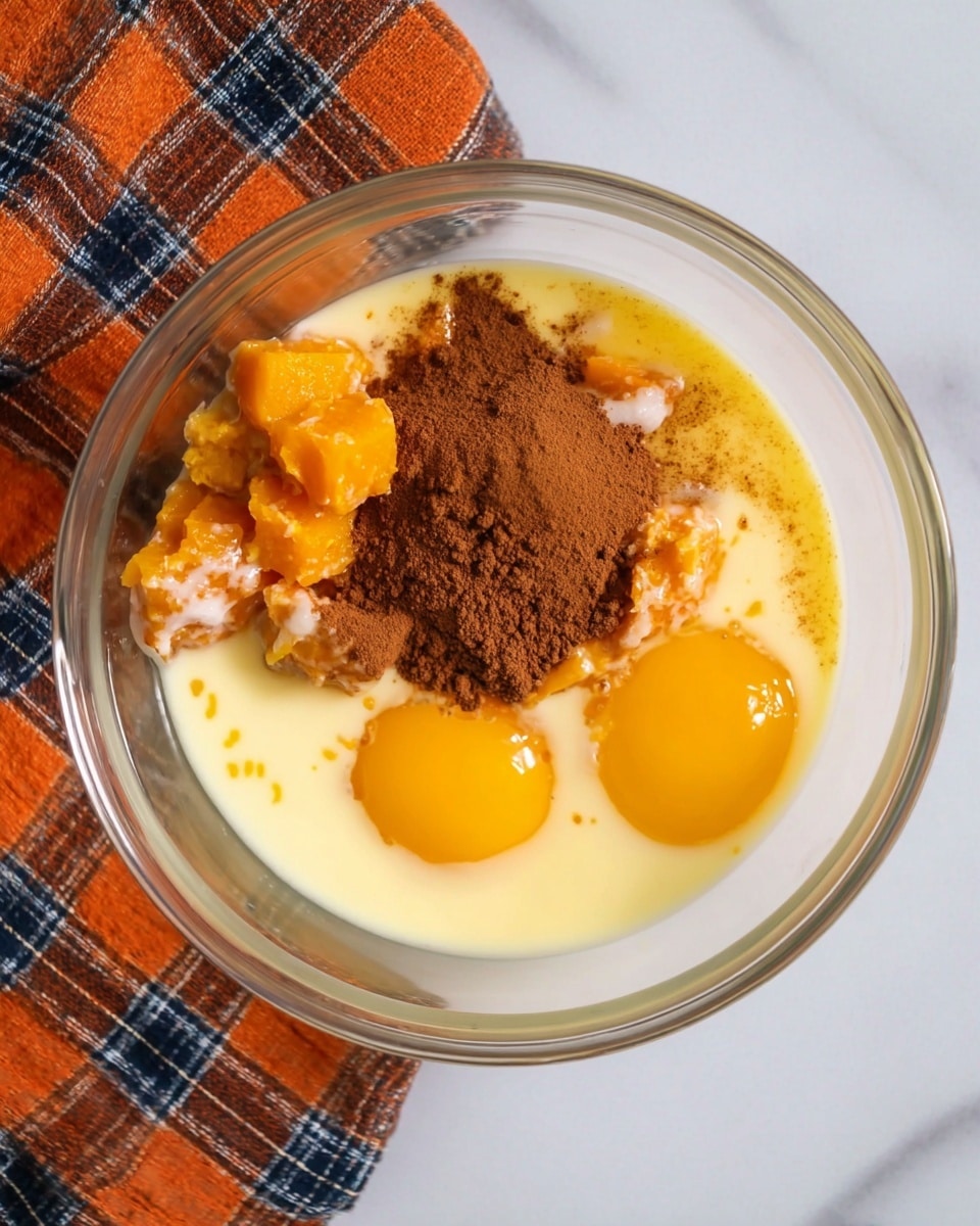 In a clear glass bowl placed on a white marbled surface, there are several ingredients layered for mixing. The base shows a creamy, pale yellow liquid, likely evaporated milk, filling most of the bowl. Near the bottom, two whole eggs with bright yellow yolks rest side by side. On top of the milk and eggs, there is a mound of dark brown powder, probably cinnamon, positioned slightly off-center. Adjacent to the cinnamon, chunks of bright orange puree, most likely pumpkin, are visible with some of the pale liquid drizzled over them. To the left edge of the bowl, a portion of an orange and navy plaid cloth is visible. photo taken with an iphone --ar 4:5 --v 7