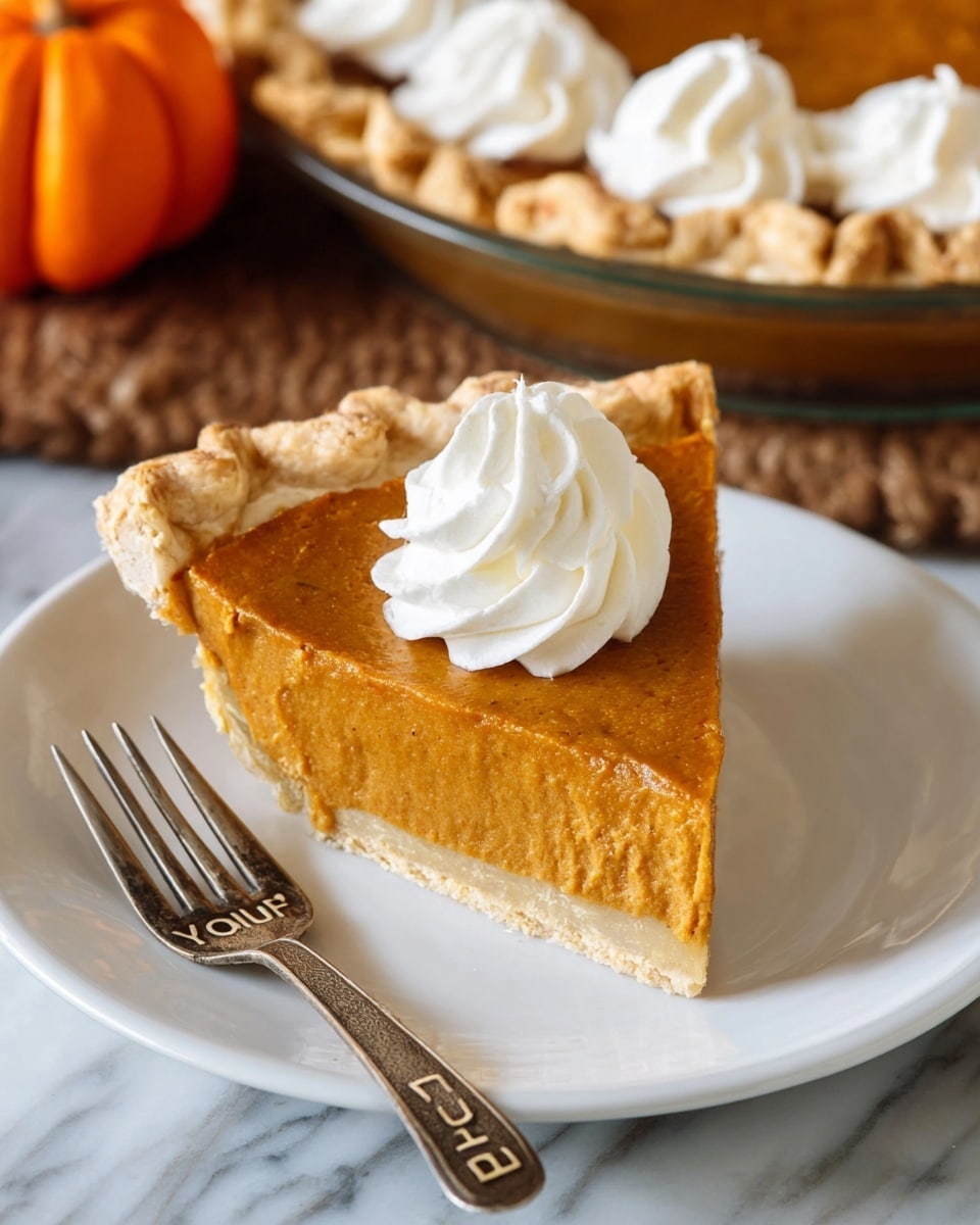 A single slice of pumpkin pie sits on a white plate, showing three layers: a thin, crumbly off-white crust at the bottom, a thick, smooth orange pumpkin filling in the middle, and a golden-brown flaky crust edge folded unevenly around the slice. On top of the pumpkin filling is a swirl of white whipped cream. To the left of the pie slice is a vintage silver fork with the words