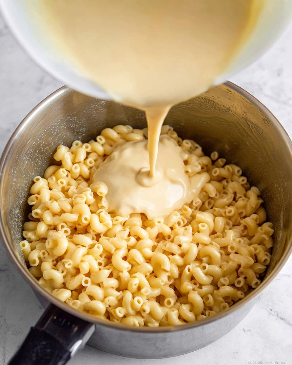 The image shows a pot filled almost to the top with cooked elbow macaroni, which are pale yellow with a smooth texture. A thick, creamy, light beige cheese sauce is being poured over the macaroni from a container held above the pot. The sauce looks smooth and rich as it flows onto the pasta. The pot has a shiny metal inside and a black handle visible on the left side. The background is a white marbled texture. photo taken with an iphone --ar 4:5 --v 7