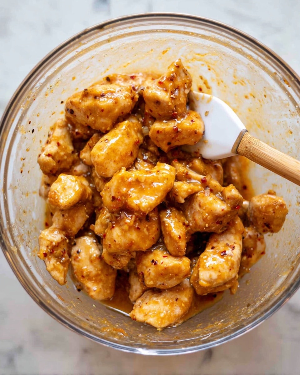 The image shows a clear glass bowl filled with medium-sized pieces of cooked chicken coated in a thick, shiny light brown sauce with visible spices. The chicken pieces are lightly browned with a mix of smooth and slightly textured surfaces. A white spoon with a wooden handle is partially submerged in the bowl, resting on top of the chicken. The bowl is placed on a white marbled surface. photo taken with an iphone --ar 4:5 --v 7