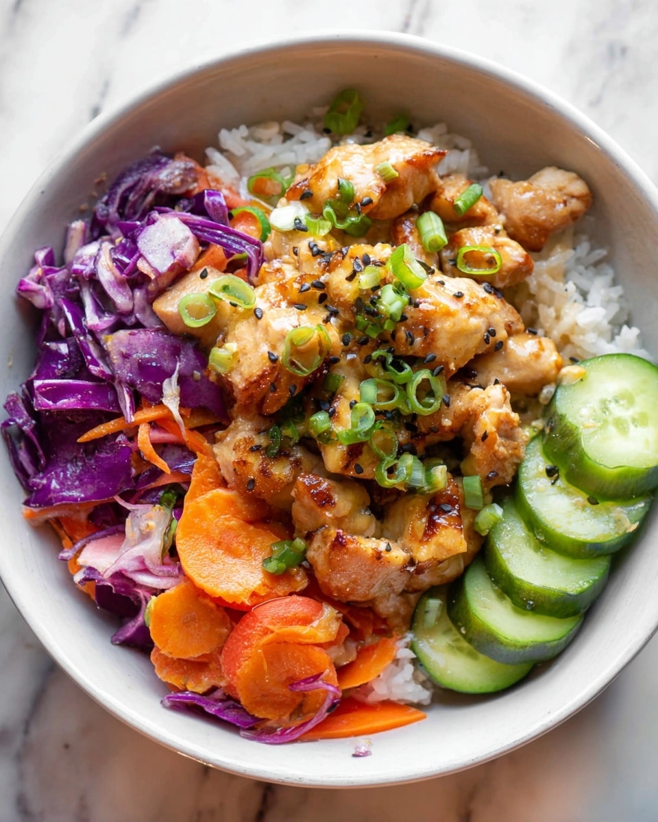The dish is served in a white bowl on a white marbled surface. The bottom layer is white rice, mostly hidden beneath the toppings. On top, there are bite-sized pieces of cooked chicken coated in a light brown sauce sprinkled with green onion slices and small black sesame seeds. Along one side of the bowl, there is a colorful mix of thinly sliced purple cabbage and bright orange carrot rounds, all coated in the same sauce as the chicken. On the other side, fresh green cucumber slices are neatly layered. The colors are warm and vibrant, with the creaminess of the sauce visible on both chicken and vegetables. Photo taken with an iphone --ar 4:5 --v 7