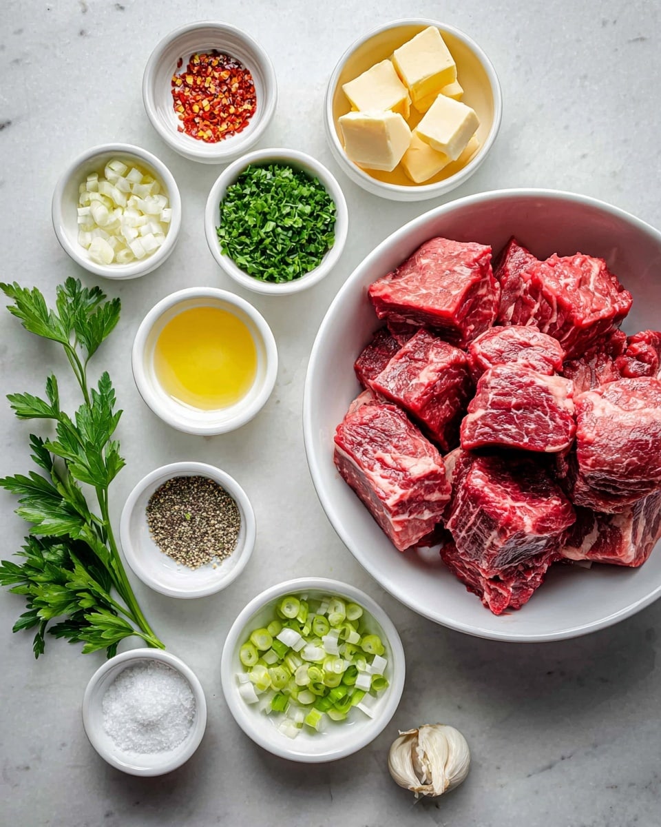 The image shows ingredients neatly arranged on a white marbled surface. In the center-right, there is a white bowl full of large chunks of raw red meat with visible marbling and texture. Surrounding it are seven smaller white bowls: one with chopped green herbs, one with pale yellow butter cubes, one with sliced green onions, one with minced garlic, one with some oil, one with coarse salt, and one with cracked black pepper. There is also a small white bowl with red chili flakes near the top. Fresh green parsley leaves are scattered around the bowls on the surface, adding a touch of natural green to the scene. photo taken with an iphone --ar 4:5 --v 7