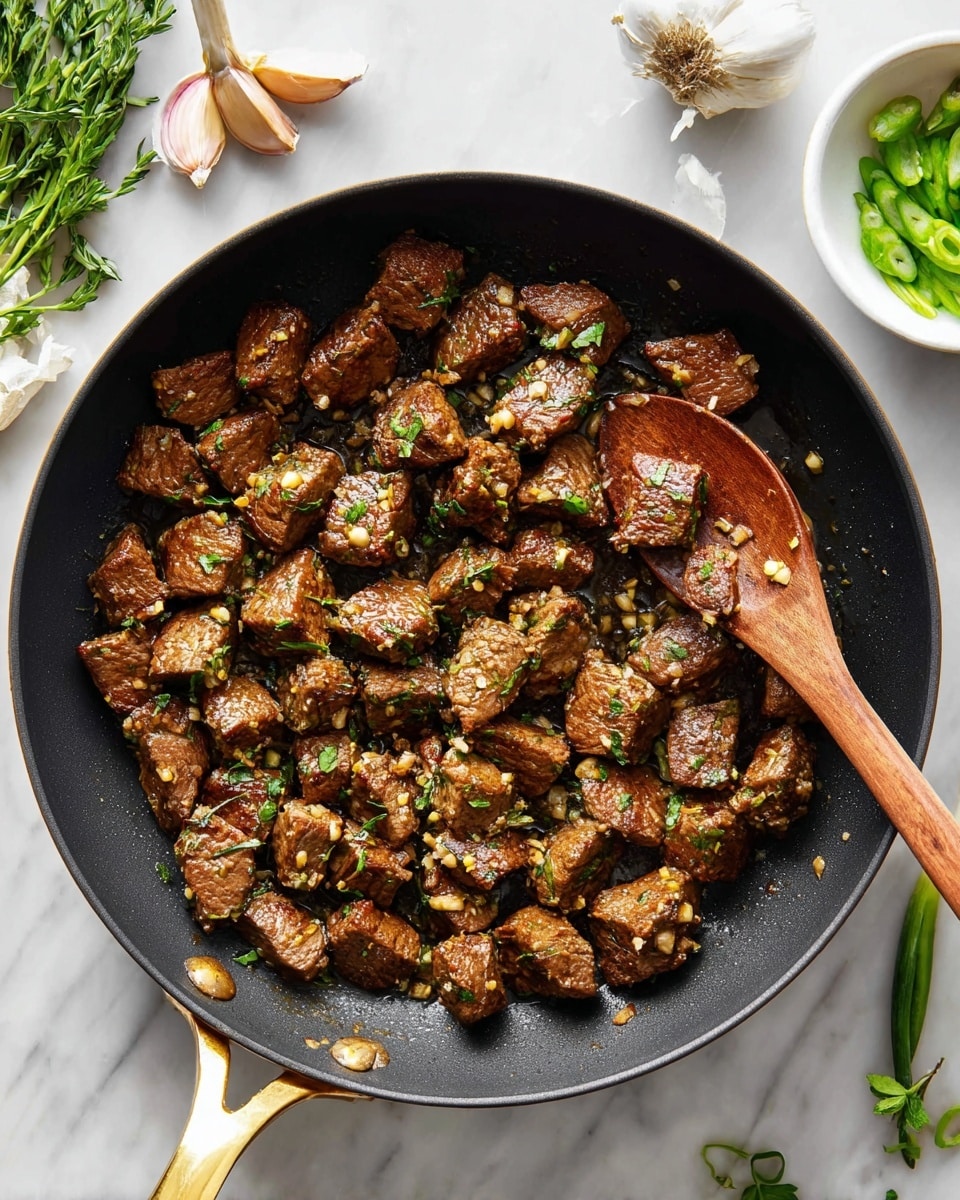 The image shows a black frying pan filled with many browned, cubed pieces of cooked meat, each coated with small bits of garlic and fresh green herbs. The meat pieces have a slightly shiny texture from the cooking oil. A wooden spoon with a smooth surface is placed inside the pan on the right side, partly under some meat cubes. The pan handle is gold-colored, resting on a white marbled surface. Around the pan, there are garlic cloves, green herbs, and a small white bowl with sliced green onions. The scene is bright and clean. photo taken with an iphone --ar 4:5 --v 7
