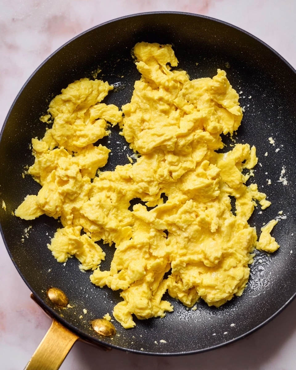 A close-up view of soft scrambled eggs in a black pan with a golden handle. The eggs are light yellow and fluffy, broken into uneven but tender chunks spread across the pan's surface with a slight shine from cooking. The black pan contrasts with the bright yellow eggs, sitting on a white marbled surface that adds a clean and simple background. Photo taken with an iphone --ar 4:5 --v 7