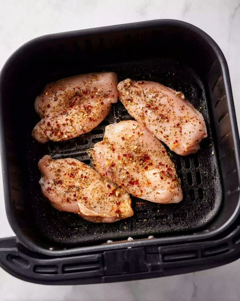 In the image, there is a black air fryer basket holding four pieces of raw chicken with seasoning on them. Each piece of chicken has a light pink color with a mixture of red and green spices sprinkled evenly on top, giving a textured look. The basket has a grid pattern at the bottom, and the whole setup is placed on a white marbled surface. photo taken with an iphone --ar 4:5 --v 7