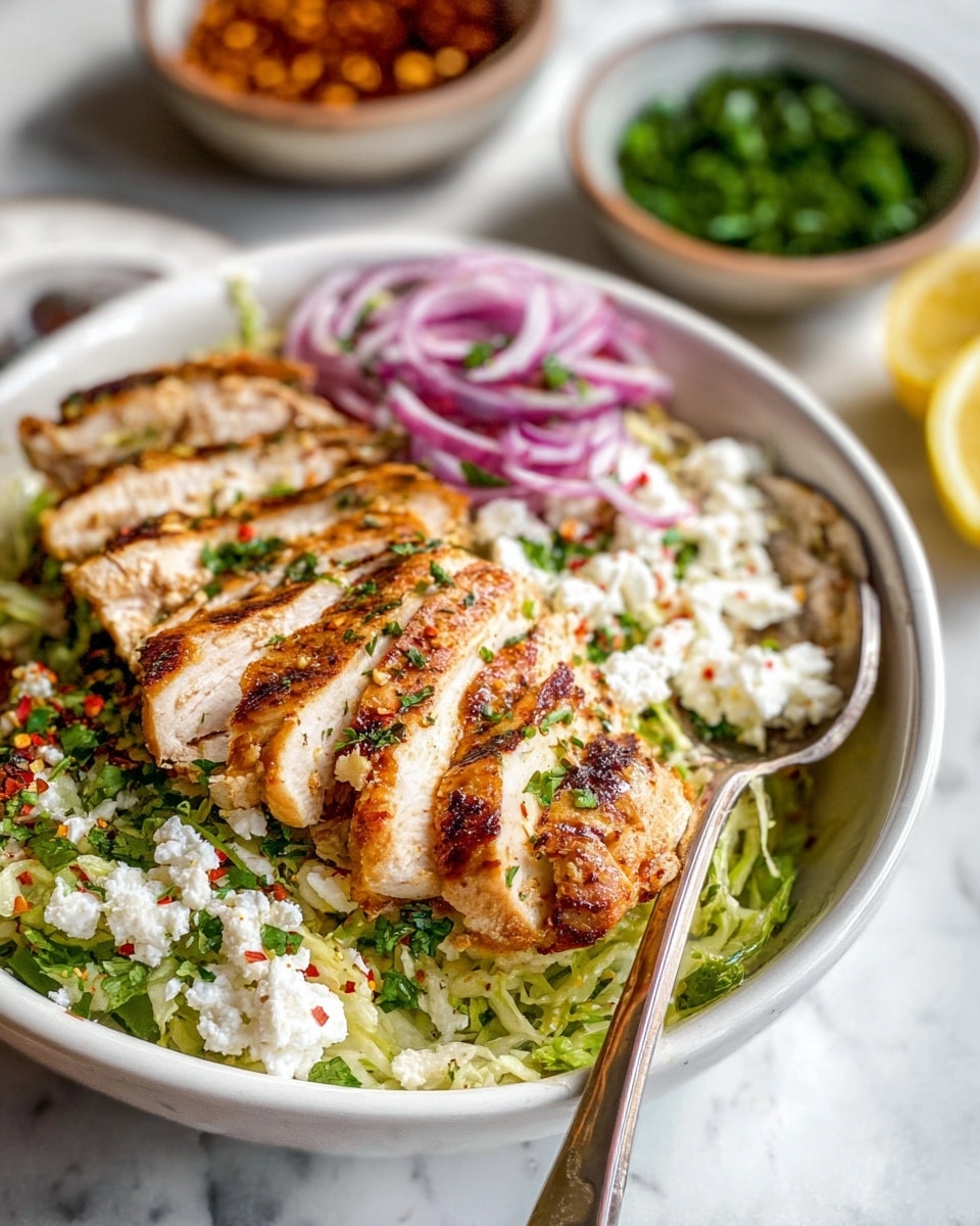 The dish is in a white bowl placed on a white marbled surface. Inside the bowl, the base layer is finely shredded green lettuce covering the bottom. On top of the lettuce, there are thin slices of red onion and small pieces of white cheese scattered over one side. Alongside the onions and cheese, there is a row of grilled, sliced chicken with a golden-brown outside and white tender inside, slightly overlapping each piece. Small green herbs and red pepper flakes are sprinkled across the dish. A lemon wedge is partially visible at the edge of the bowl. A spoon is placed inside the bowl, resting under the chicken slices. In the background, blurred bowls with red chili flakes and green herbs are visible. Photo taken with an iphone --ar 4:5 --v 7