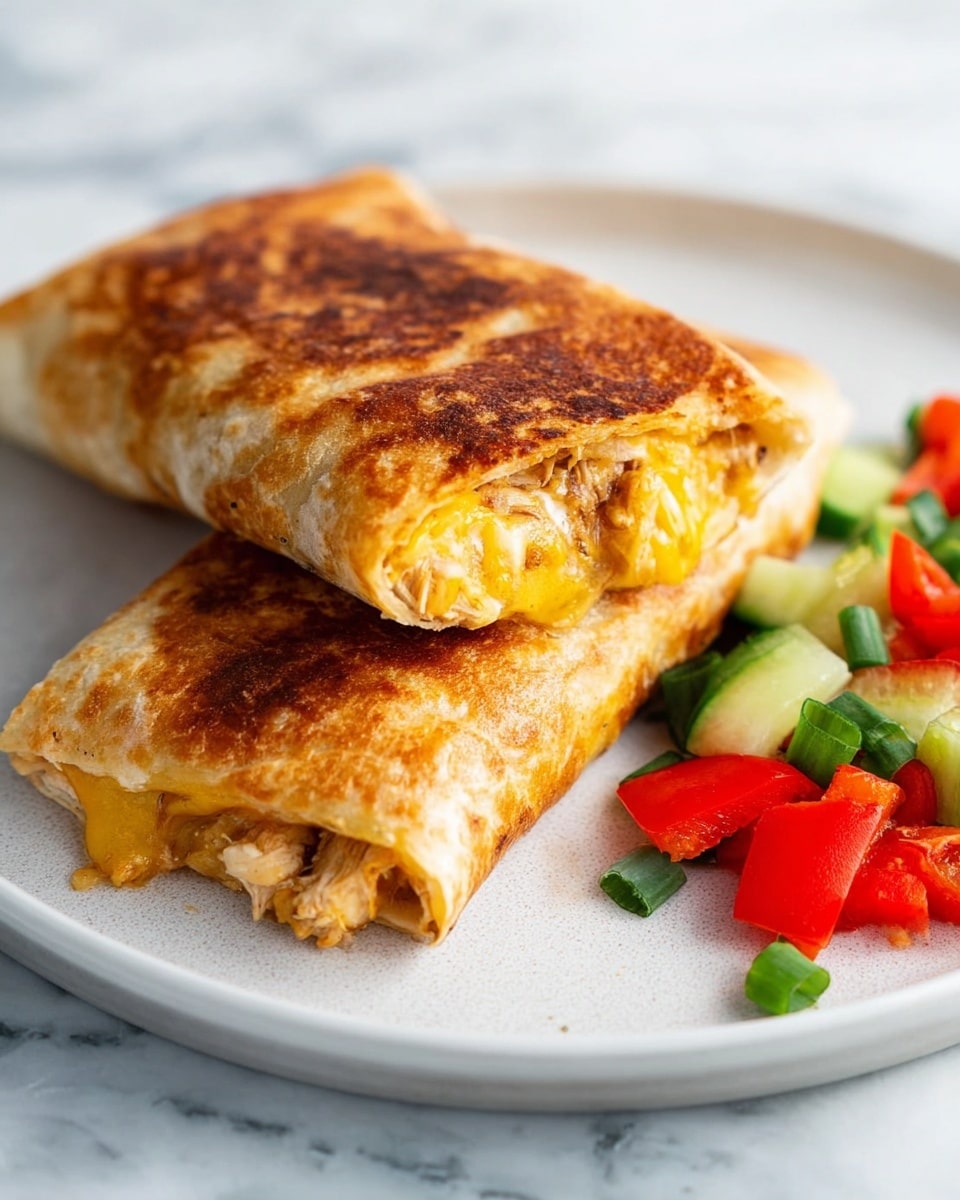 On a white plate with a white marbled surface, two rectangular, golden-brown crispy wraps are stacked, one on top of the other with the top one slightly open showing melted yellow cheese and light beige chicken inside. Next to the wraps is a small pile of salad made of bright red bell peppers, green cucumber slices, and chopped green onions, adding fresh colors to the scene. The wraps show a crispy texture on the outside with a soft, cheesy, and meaty filling visible. Photo taken with an iphone --ar 4:5 --v 7